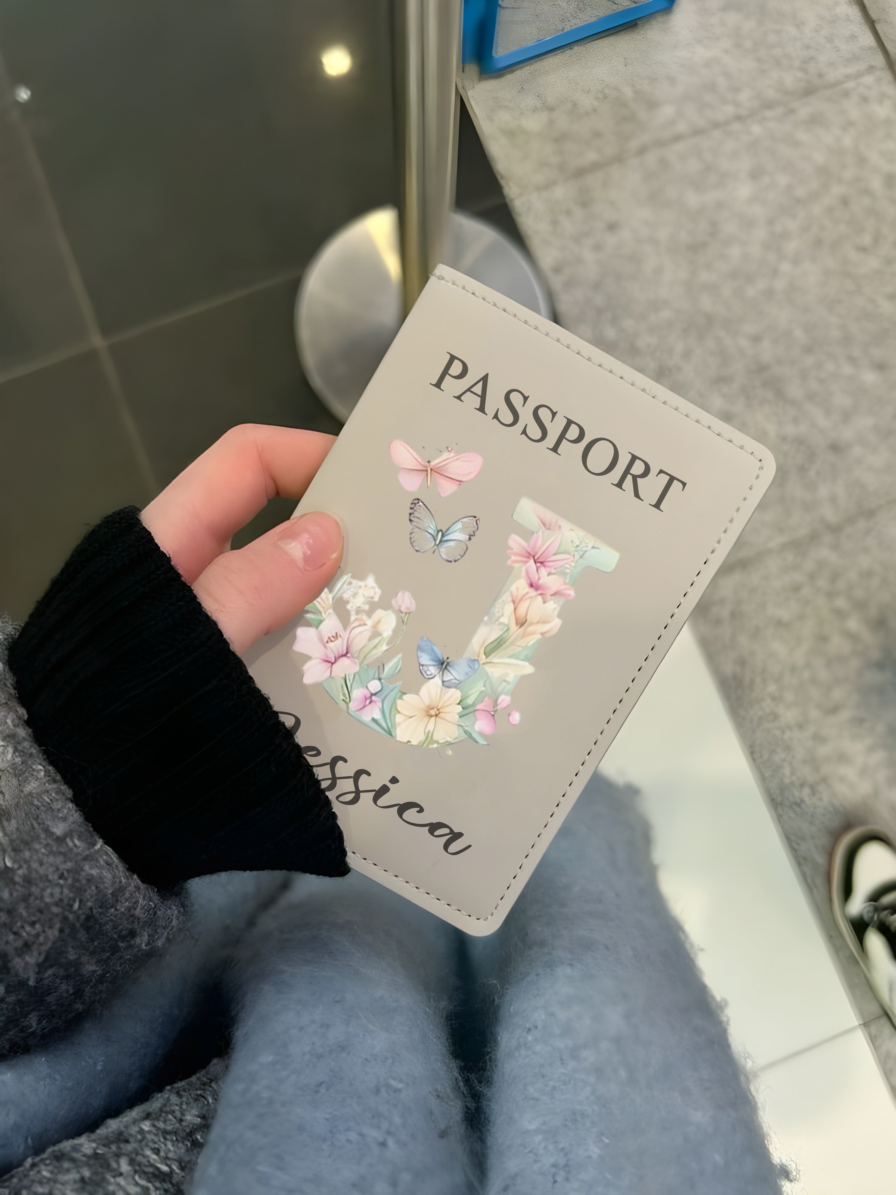 Personalized Leather Passport Cover, Custom Name Flower Alphabet Passport Holder, Travel Wallet Gift for Women Travelers