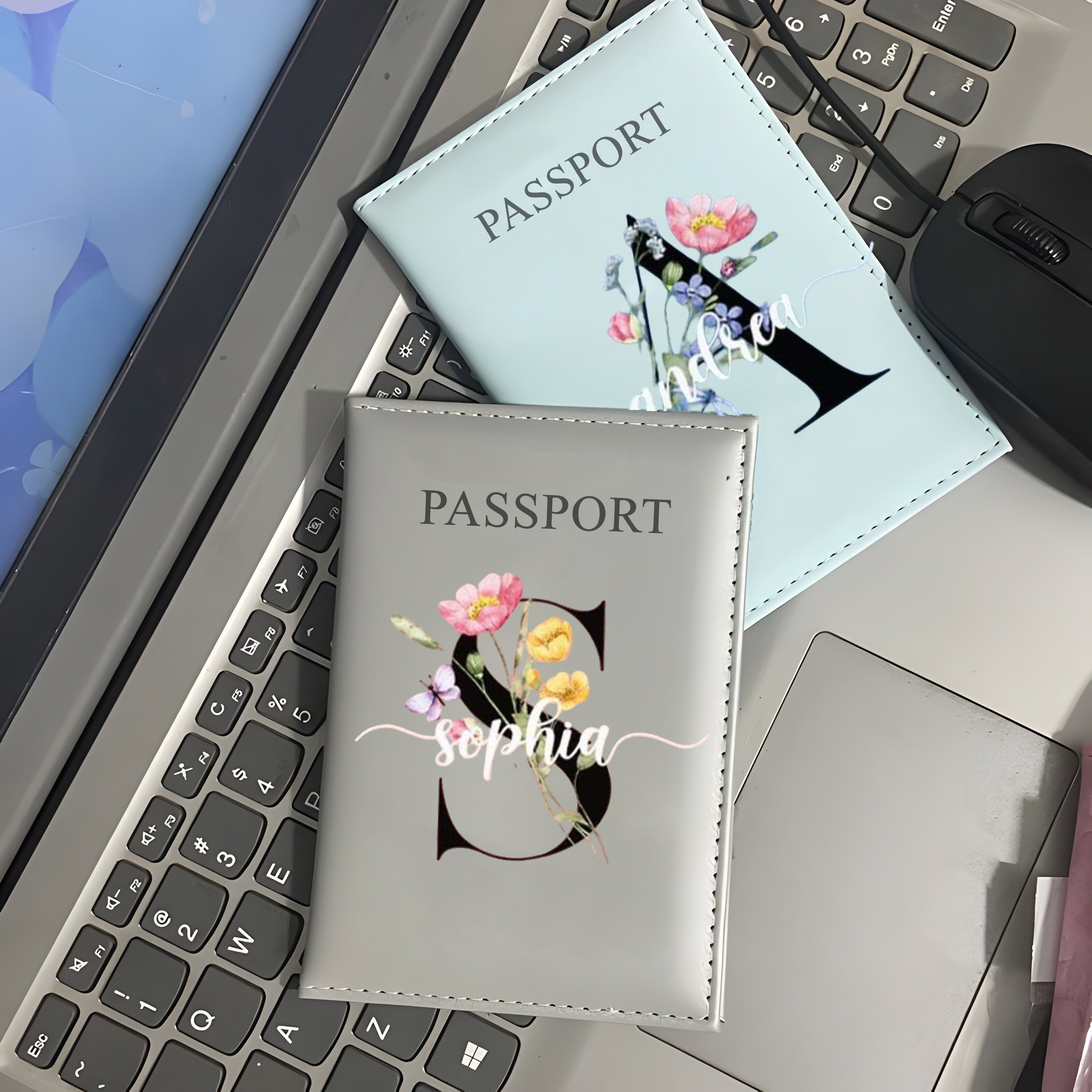 Personalized Leather Passport Cover, Custom Name Flower Alphabet Passport Holder, Travel Wallet Gift for Women Travelers