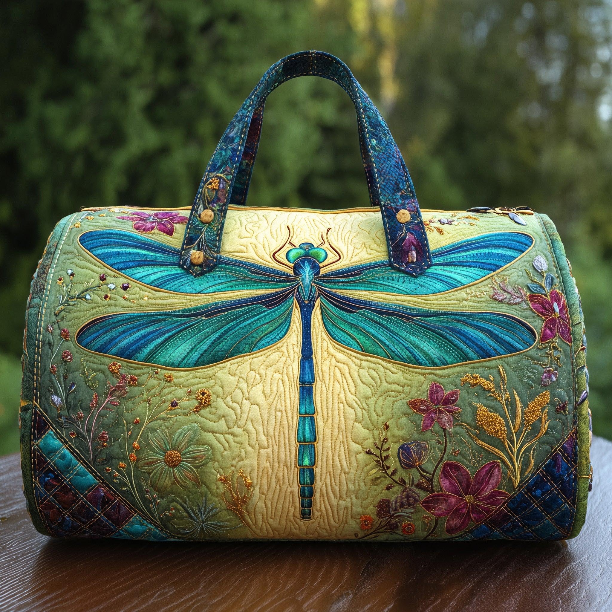 Teal Dragonfly Quilted Look Duffle Bag, Floral Travel Weekender Tote for Women, Large Capacity Overnight Handbag