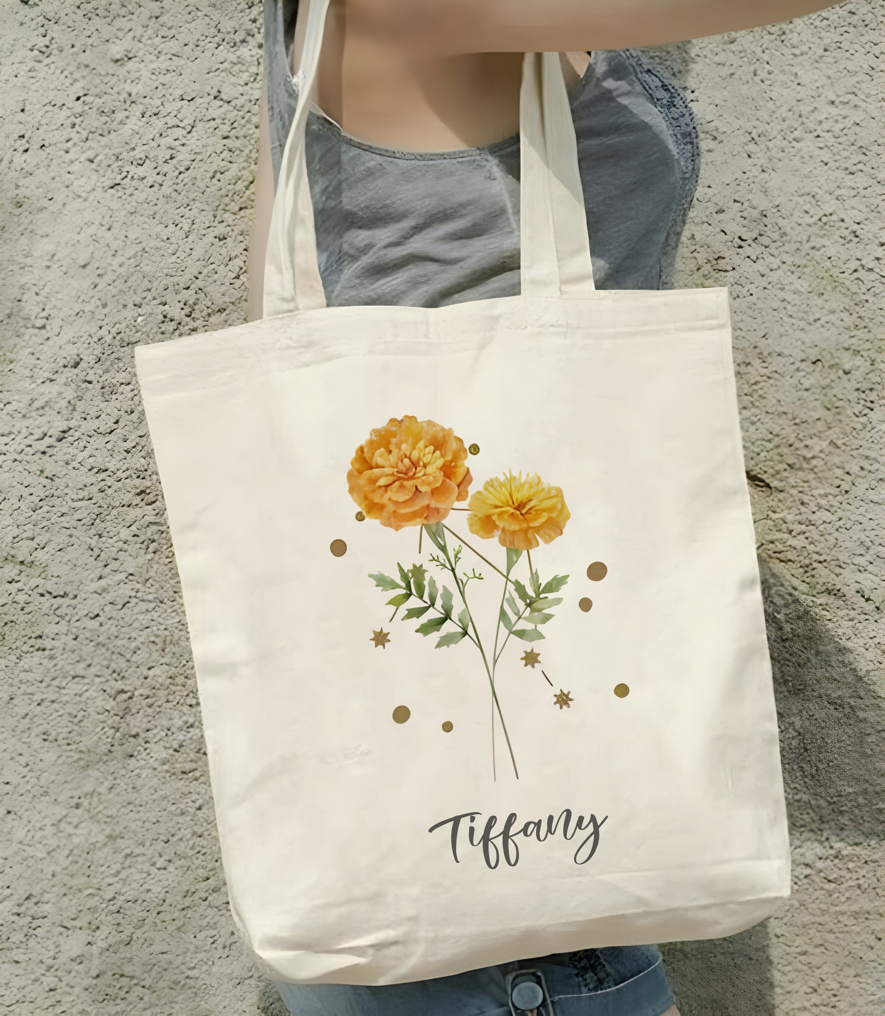 Personalized Birth Flower Zodiac Tote Bag – Custom Name Canvas Bag, Astrology Monthly Bloom Floral Shopper, Birthday Gift, Bridesmaid Gift