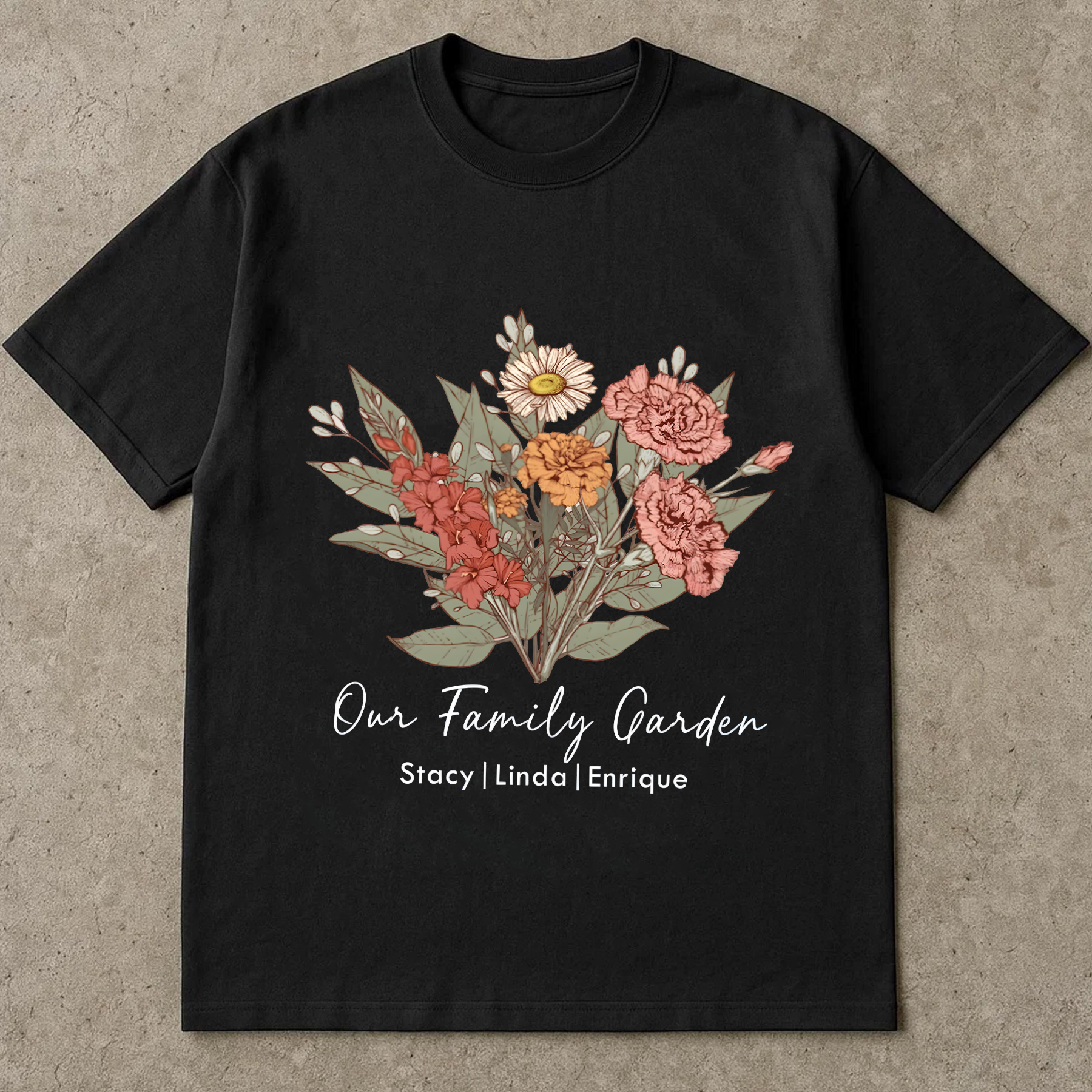 Personalized Family Garden Shirt, Custom Flower Name Tee, Floral Gift for Mom, Vintage Botanical T-Shirt, Family Name Shirt