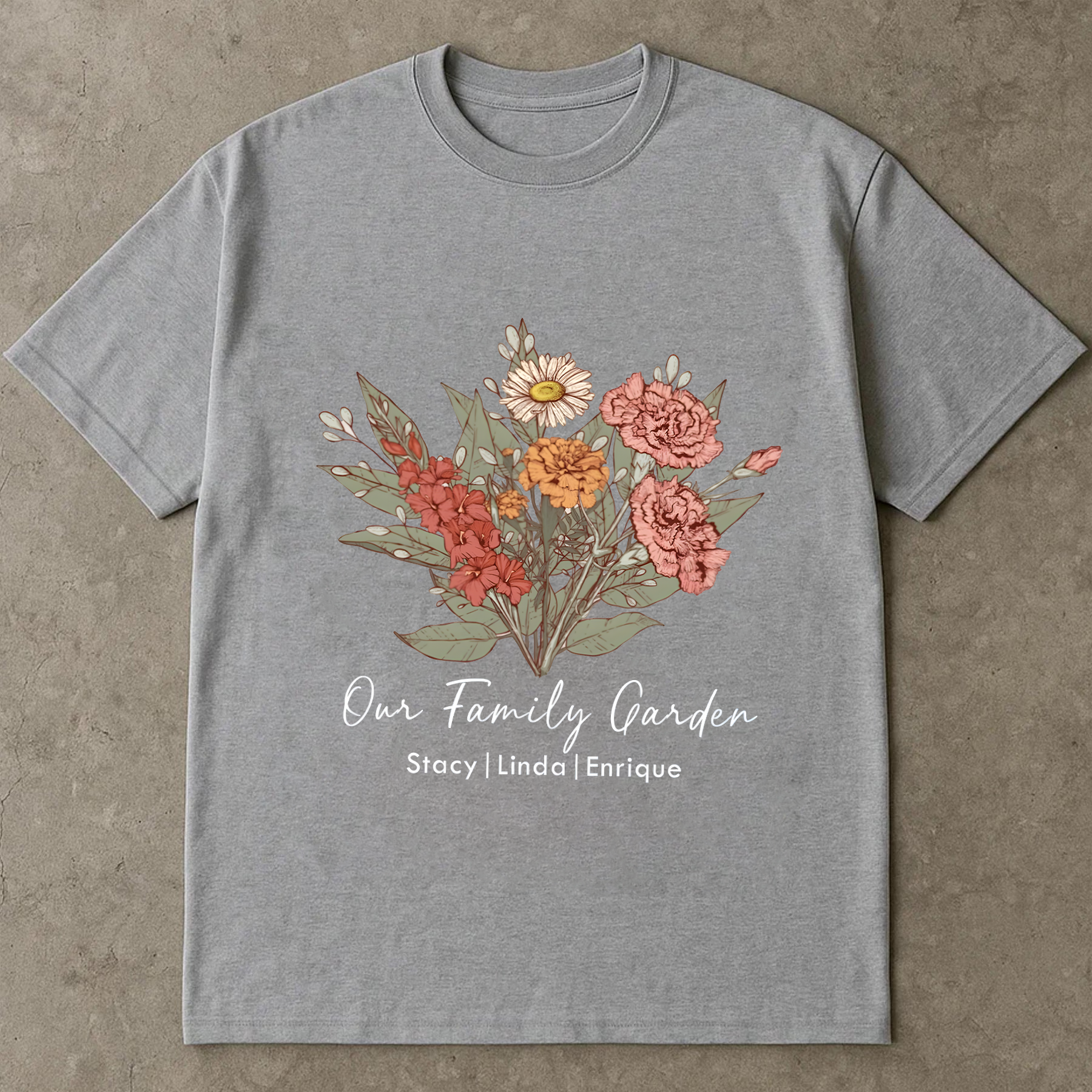 Personalized Family Garden Shirt, Custom Flower Name Tee, Floral Gift for Mom, Vintage Botanical T-Shirt, Family Name Shirt