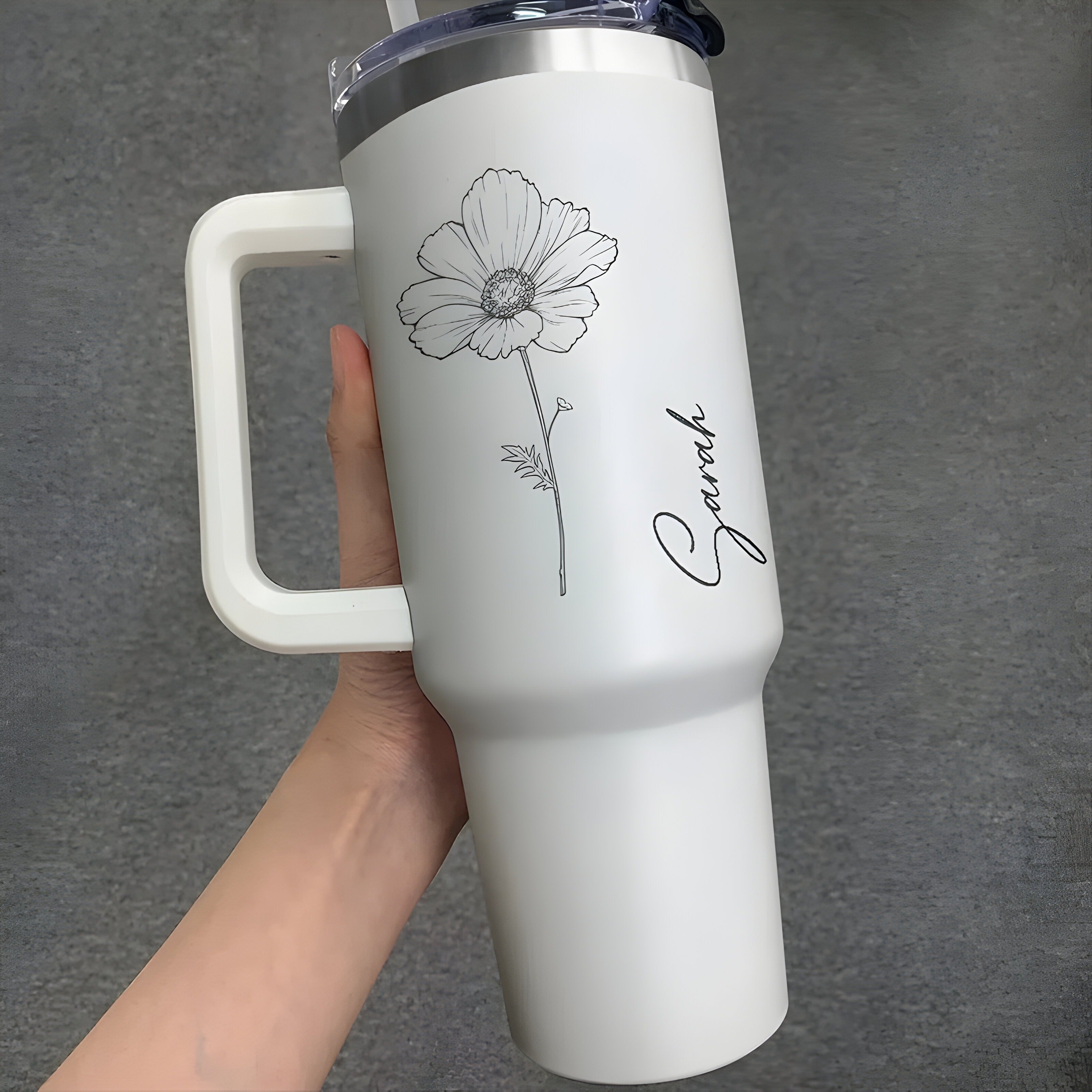 Personalized 40oz Tumbler with Handle, Birth Flower Tumbler with Straw, Custom Name Insulated Cup, Monthly Bloom Floral Gift, Birthday Gift, Bridesmaid Gift, Mother’s Day Gift, Christmas Gift