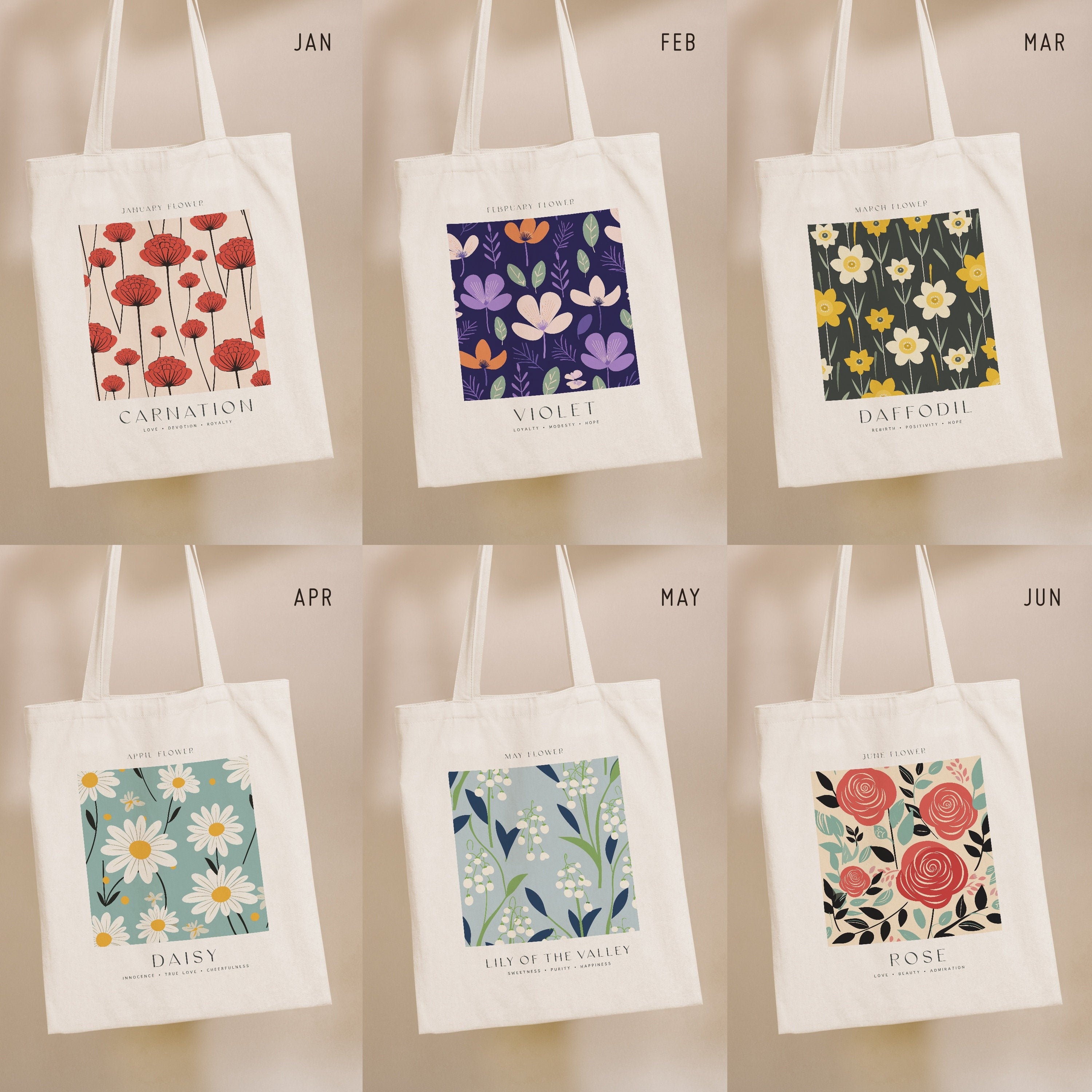 Birth Month Flower Tote Bag, Botanical Aesthetic Canvas ToteBag, Personalized Bridal Party Gift, Bridesmaid Tote Gift, Bestfriend Gift