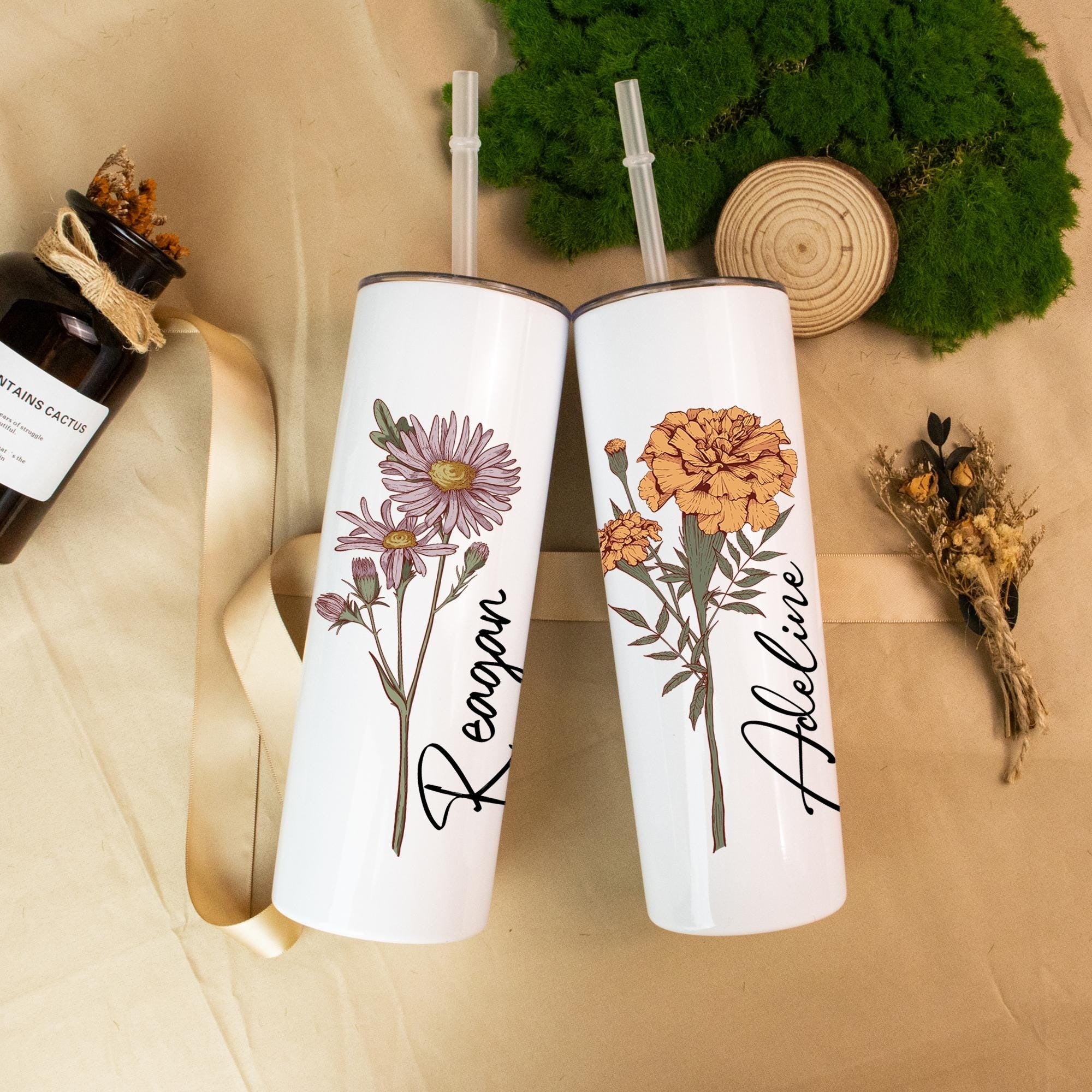 Custom 20oz Birth Flower Tumbler, Personalized Cup with Name, Girls Trip Gifts, Bridesmaid Gifs, Birthday Gift for Her, Wedding Cups
