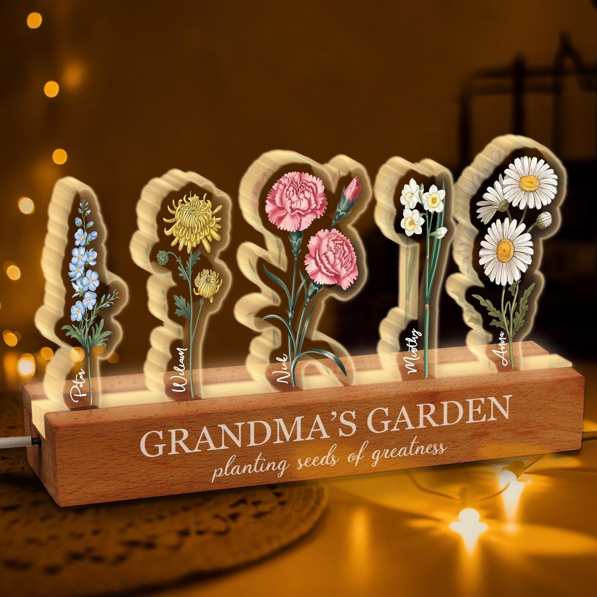 Customized Birthday Flower 3D LED Night Light, Mothers Day Gifts For Grandma, Grandma's Garden With Kids Name Gifts, Gift From Grandkids