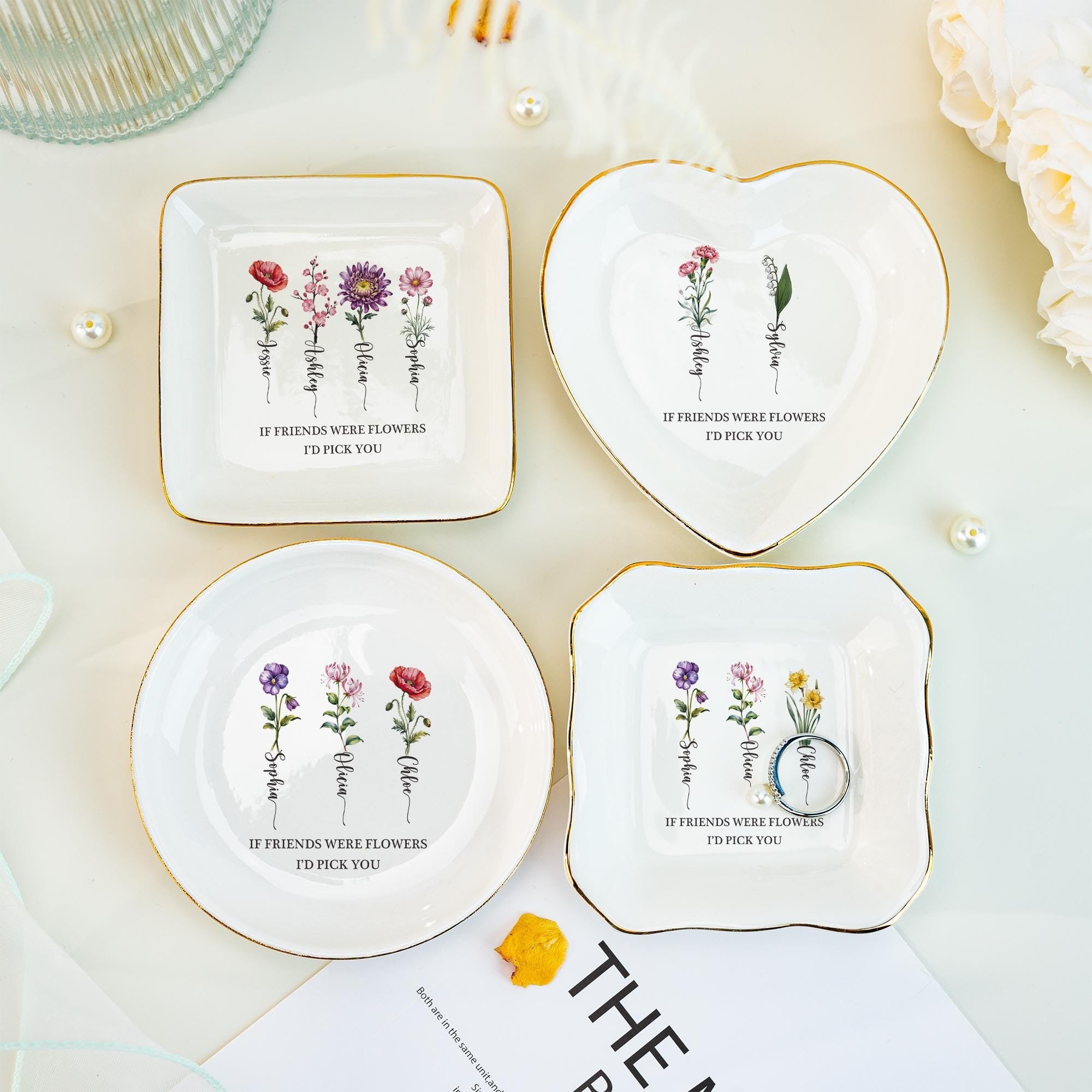 Friendship Ring Dish, Personalized Birth Flower Jewelry Dish, Birthday Party Gift, Gift for friend, “If Friends Were Flowers I’d Pick You”