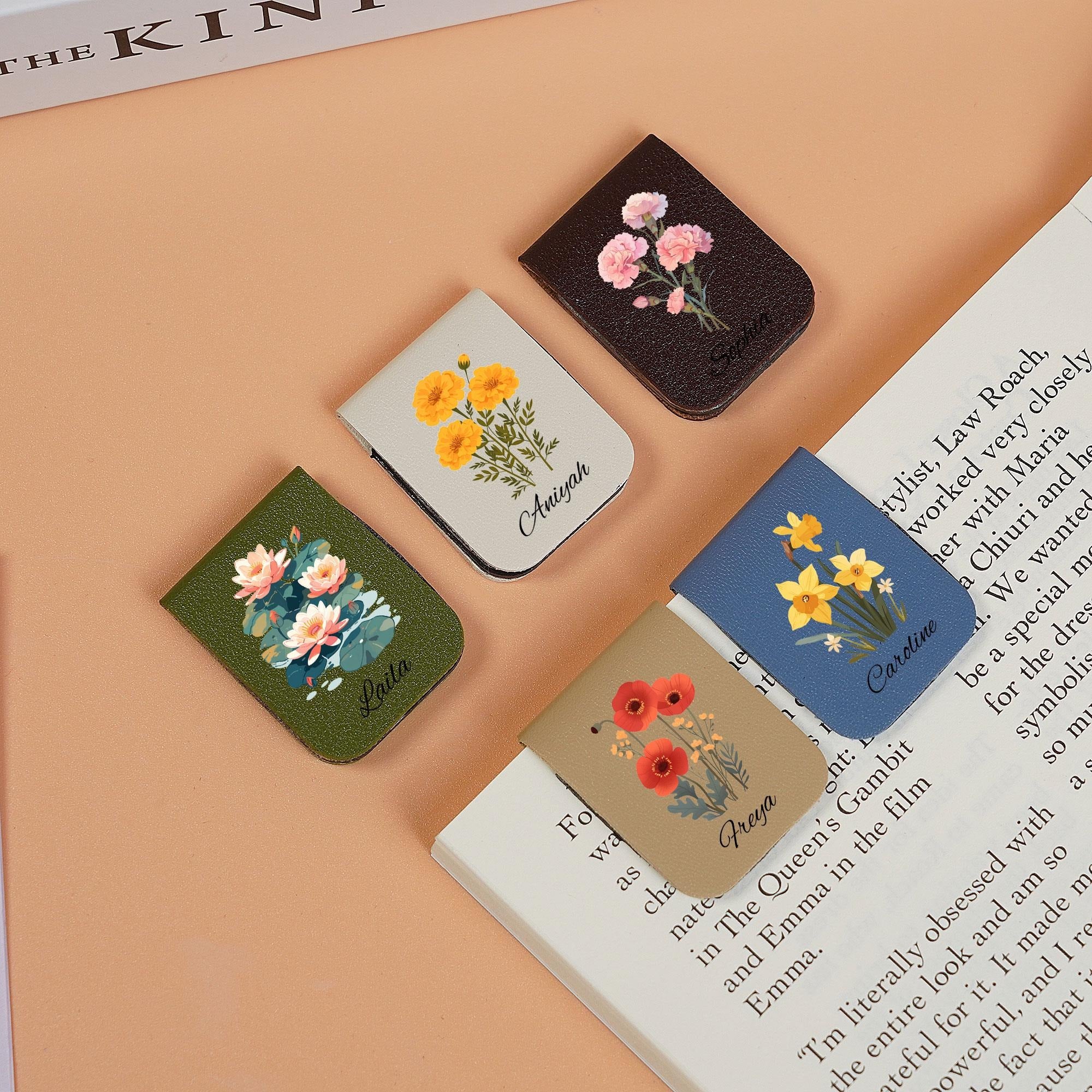 Leather bookmark With Birth Flower, Personalized Leather Magnetic Bookmark, Custom Name Bookmark, Birthday Gift For Book Lovers
