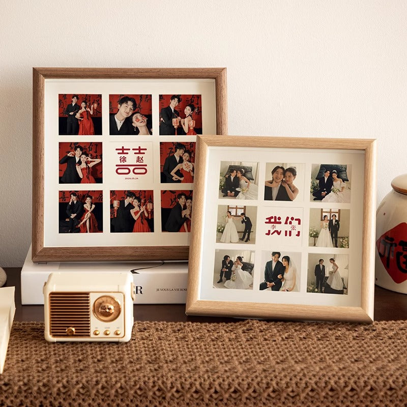 Personalized Family Nine-Square Photo Frame – Custom Wooden Grid Picture Frame for Couples & Home Decor