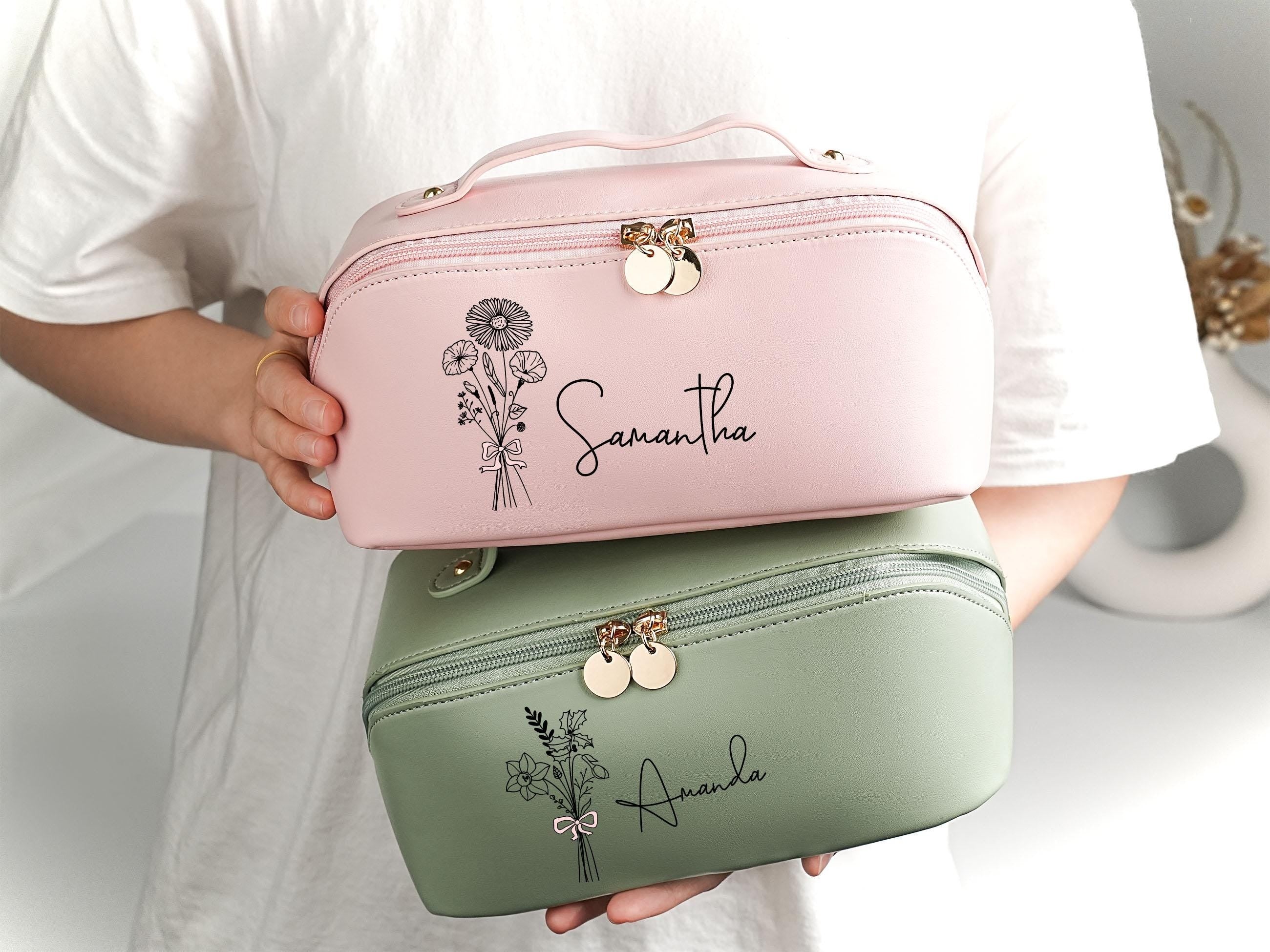 Leather Makeup Bag With Birth Month Flower, Personalized Bridesmaid Gift Bag Pouch, Gift Bag, Bridal Shower Gift, Gift for Her, Christmas Gift