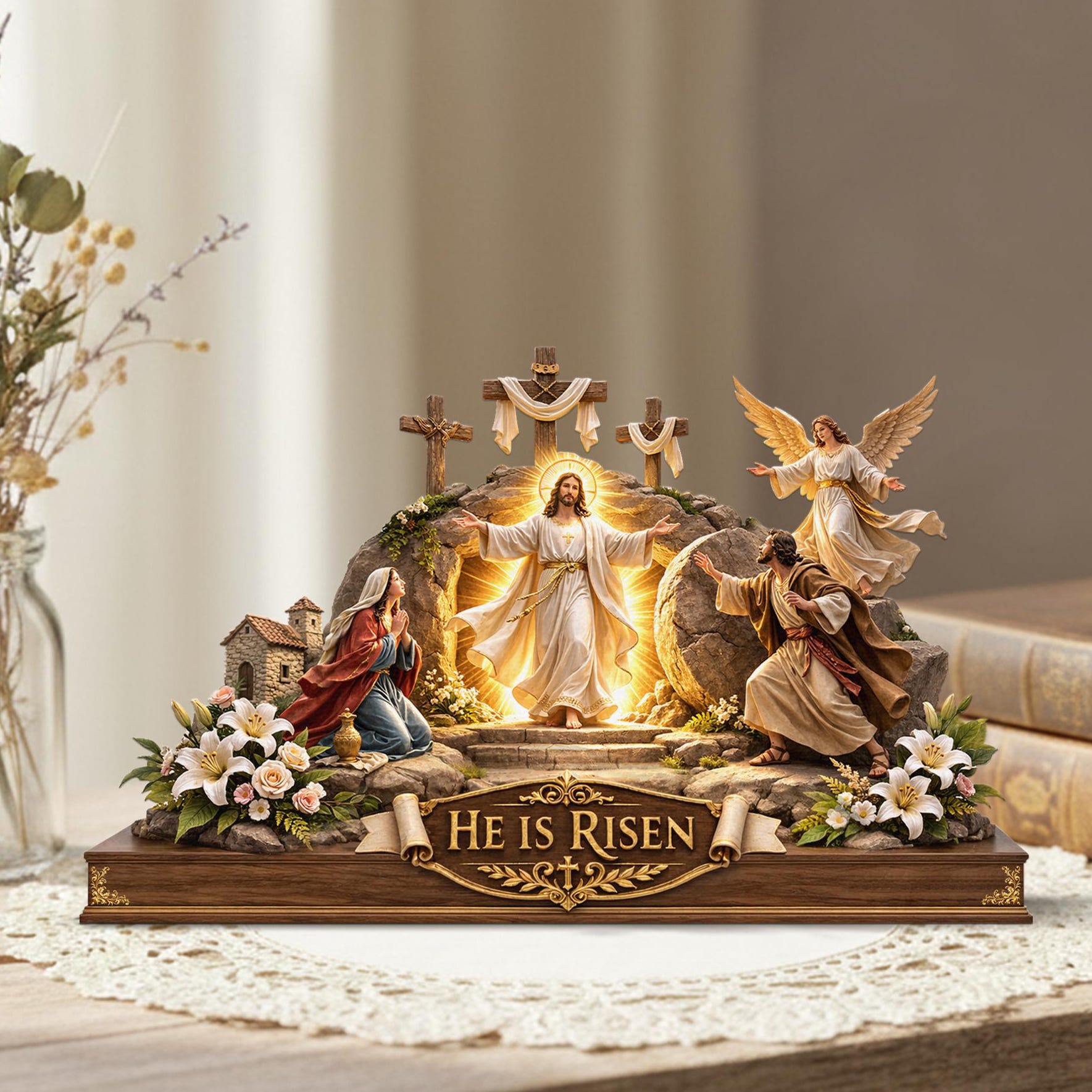 He is Risen Easter Wooden Decor, Jesus Resurrection Scene Tabletop Display, Christian Easter Sign, Religious Easter Gift