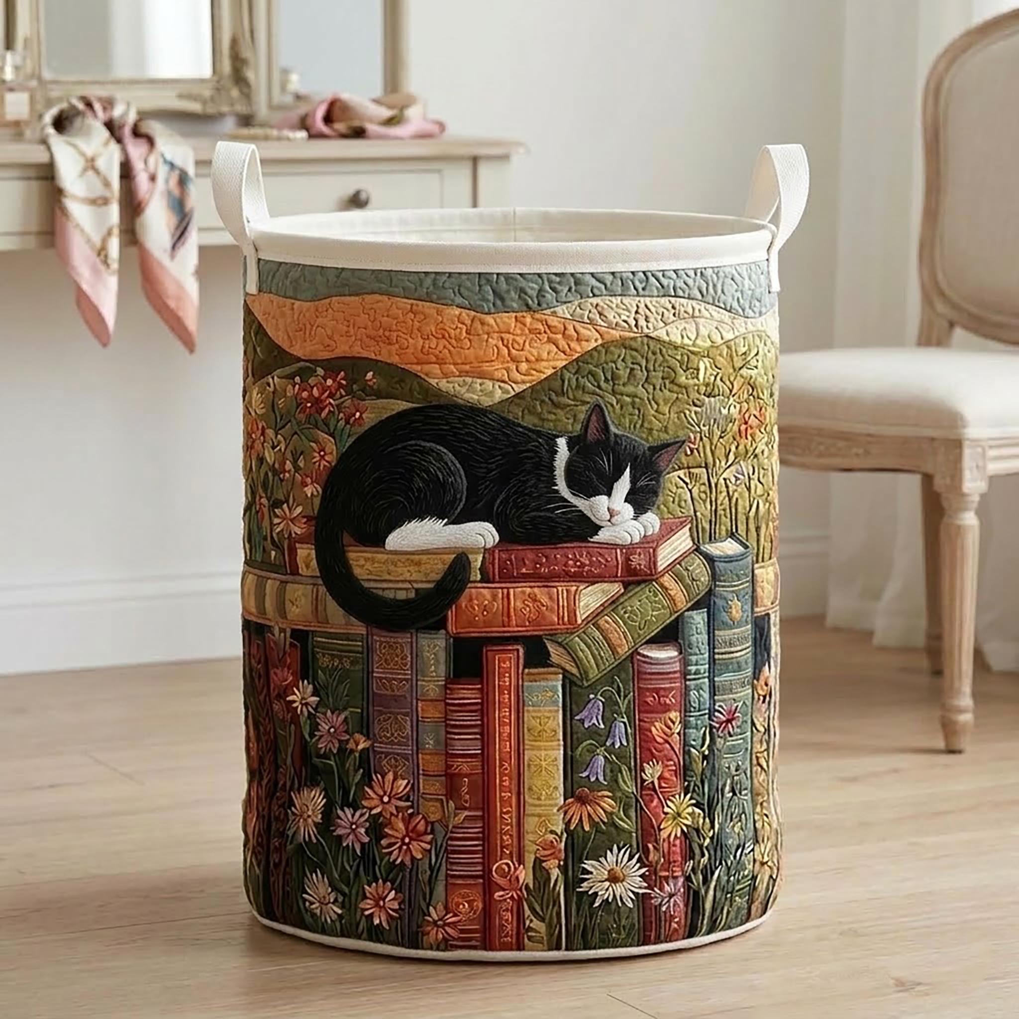 Bookish Cat Quilted Laundry Basket_ Book Lovers Hamper, Custom Breed Cat Storage Bin