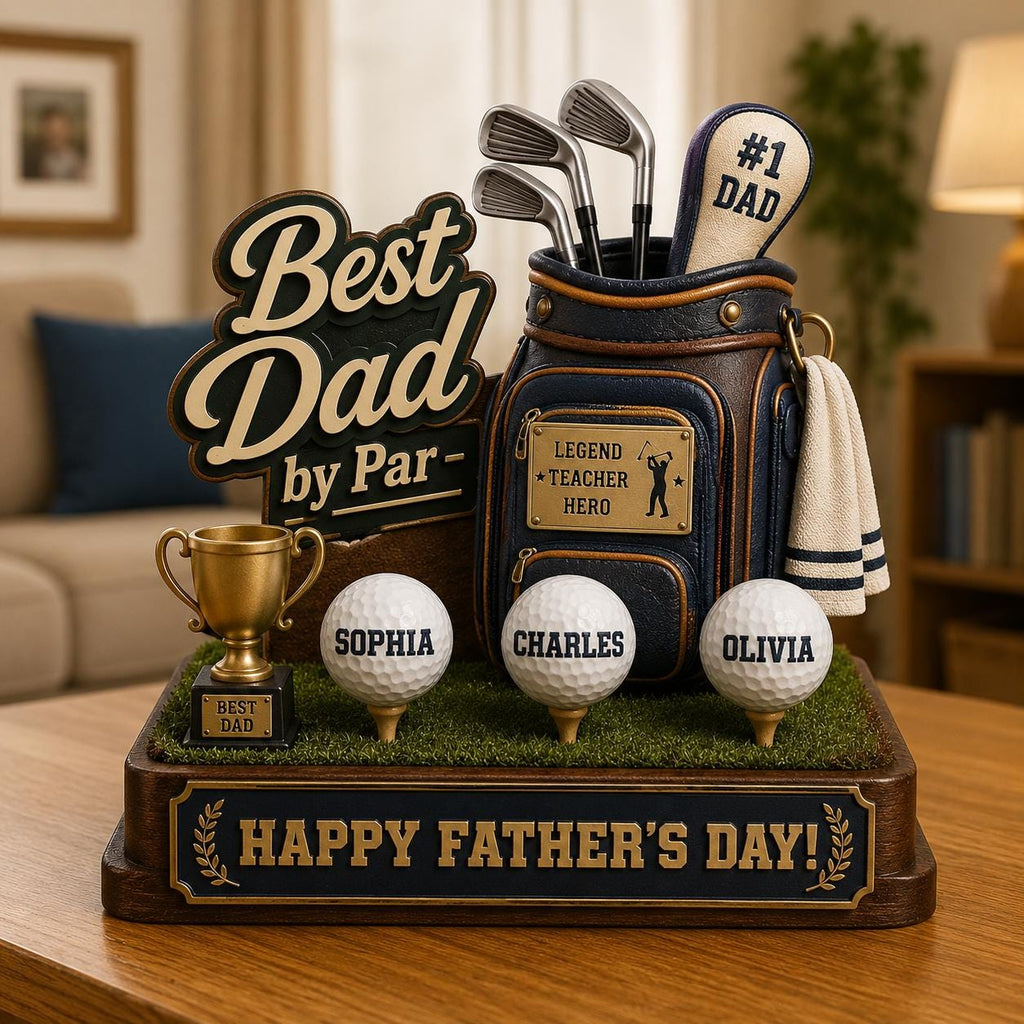 Personalized Best Dad by Par Custom Kid Name Wooden Block Decor Home- Father's Day Gift for Golf Dad, Husband From Son Daughter