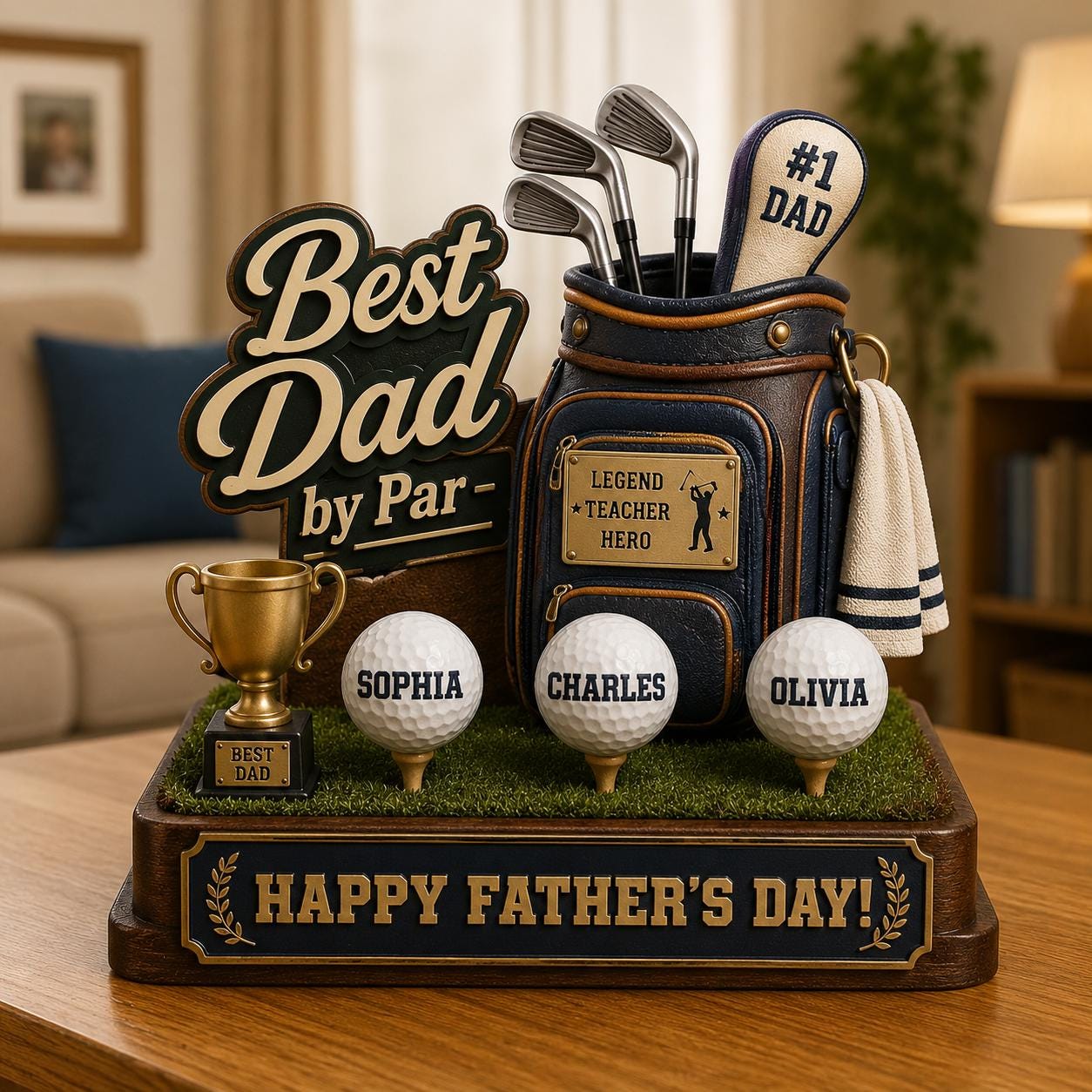 Personalized Best Dad by Par Custom Kid Name Wooden Block Decor Home- Father's Day Gift for Golf Dad, Husband From Son Daughter