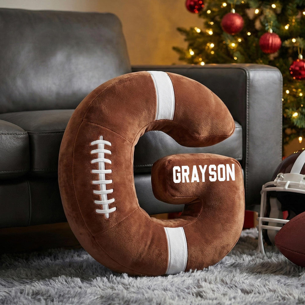 Custom Football Pillow, Personalized Initial Football Cushion, Rugby Letter Pillow, Football Decor, Gift for Kids, Flat Printed Design
