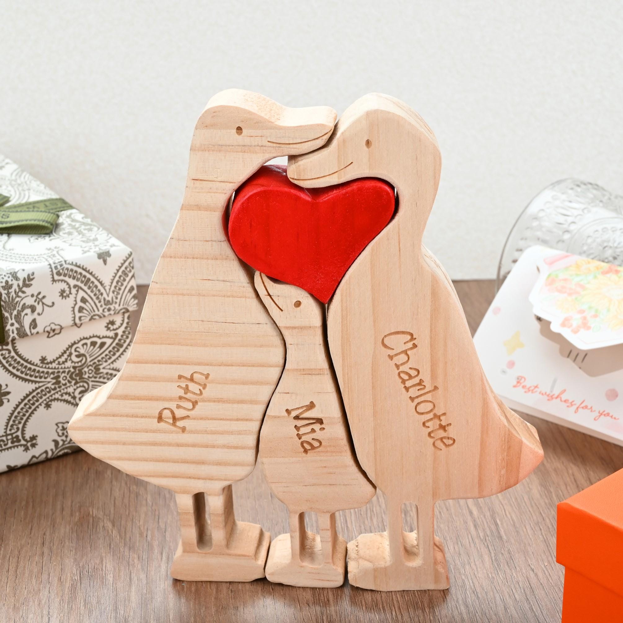 Wooden Animal Family Puzzle, 2-7 Ducks Family Jigsaw Decor, Wedding Anniversary Gifts for Mom Dad Friend Couples Animal Family Decor