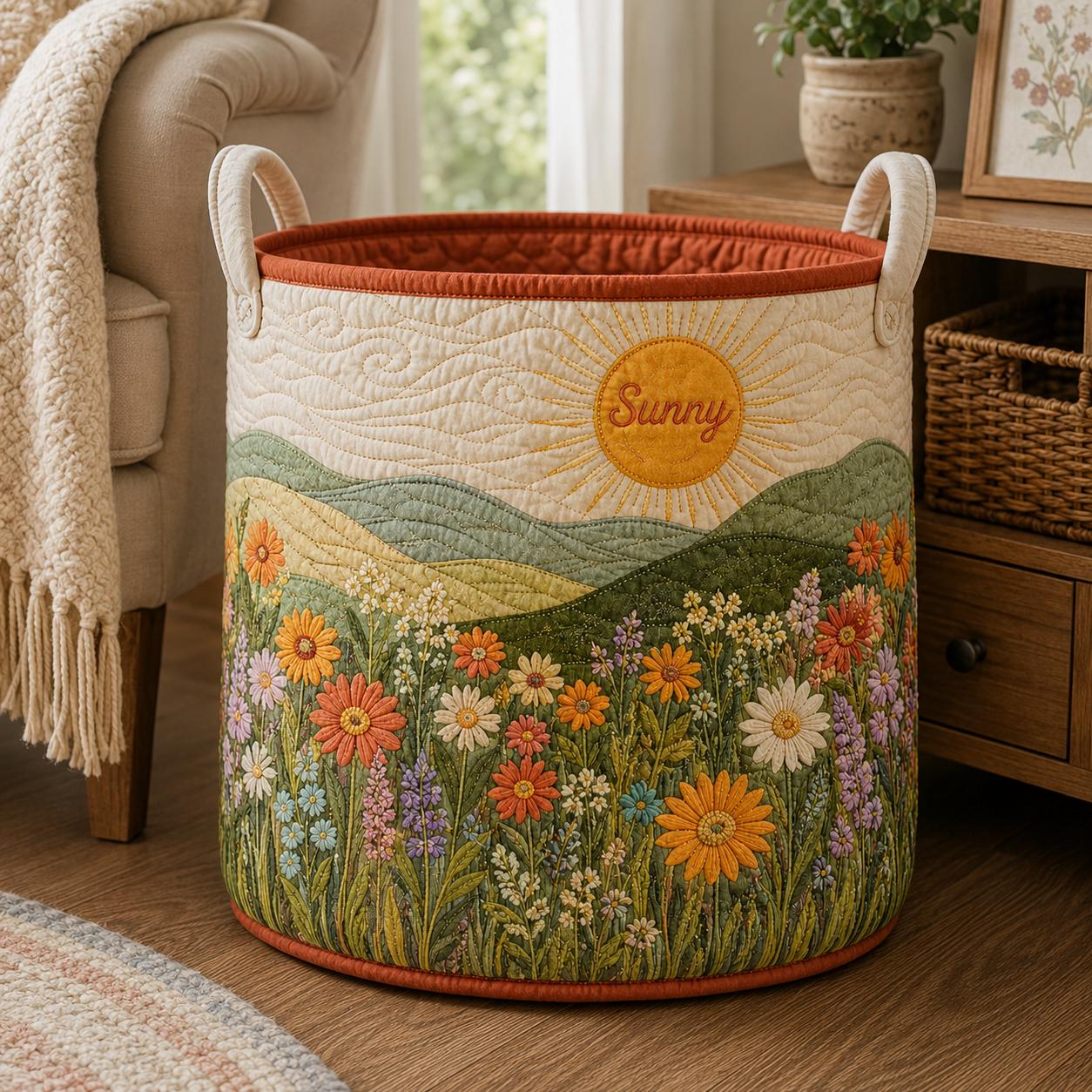 Quilted Laundry Basket, Wildflower Landscape Hamper, Sun Meadow Storage Bin
