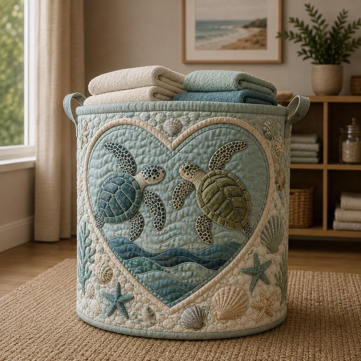 Sea Turtle Quilted Laundry Basket, Coastal Beach Storage Bin, Ocean Hamper, Nautical Blanket Organizer With Heart Design