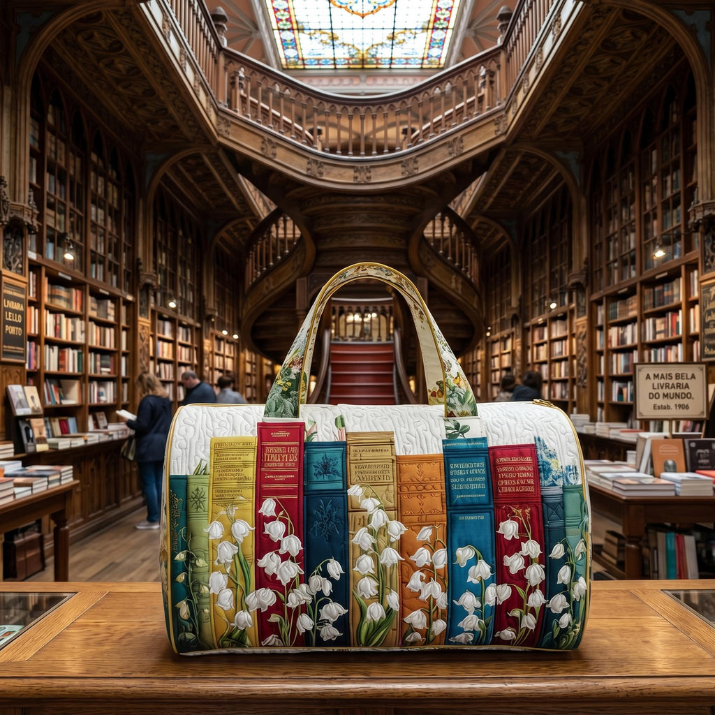 Quilted Book Lover Duffle Bag – Vintage Floral Library Travel Weekender Tote, Bookish Aesthetic Overnight Bag, Reader Gift for Women