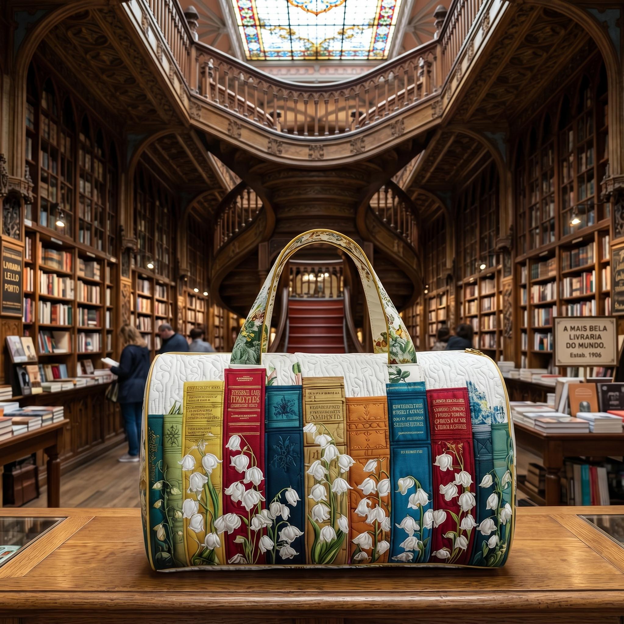 Quilted Book Lover Duffle Bag – Vintage Floral Library Travel Weekender Tote, Bookish Aesthetic Overnight Bag, Reader Gift for Women
