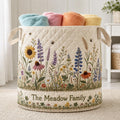 Personalized Wildflower Meadow Laundry Basket, Quilted Floral Hamper, Custom Family Name Storage Bin, Botanical Room Decor. LBPETAL53