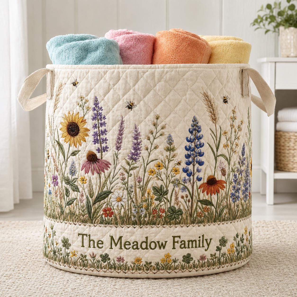 Personalized Wildflower Meadow Laundry Basket, Quilted Floral Hamper, Custom Family Name Storage Bin, Botanical Room Decor