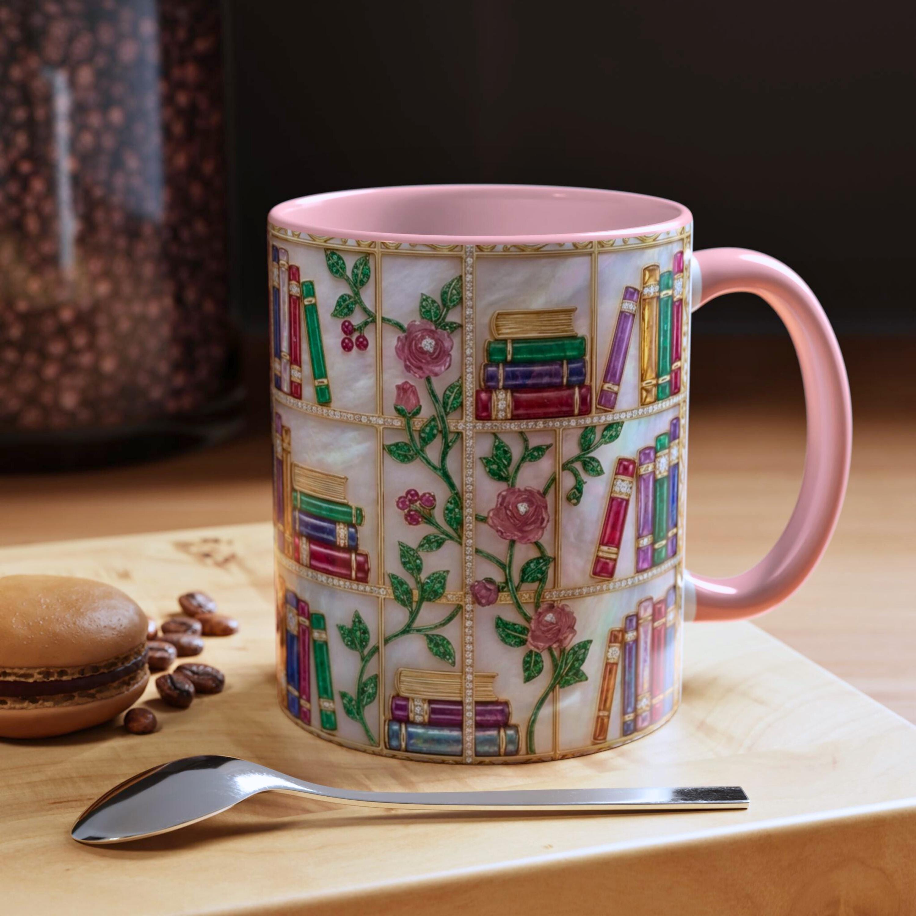Stained Glass Bookshelf Mug, Floral Book Lover Coffee Cup, Vintage Library Style Mug, Elegant Reading Gift