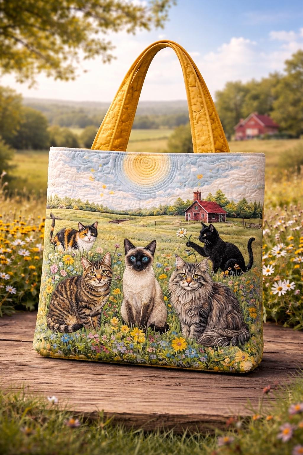Cat Lovers Tote Bag, Floral Design With Cats, Quilted Tote, Cute Cat Tote, Animal Lover Gift, Farmhouse Tote Bag, Gift for Cat Owners