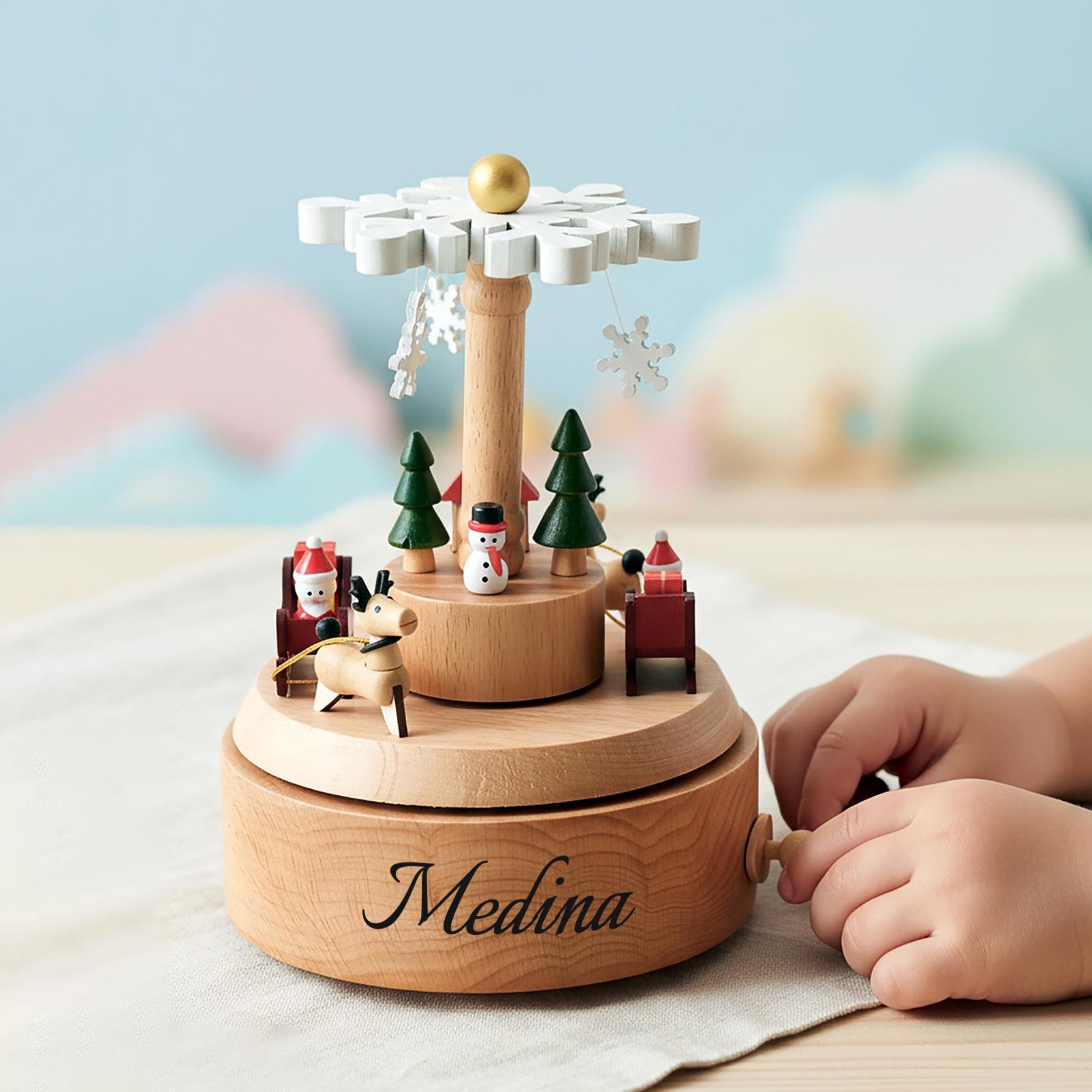 Christmas Wooden Carousel Baby Name Music Box – Personalized Newborn Xmas Keepsake Gift