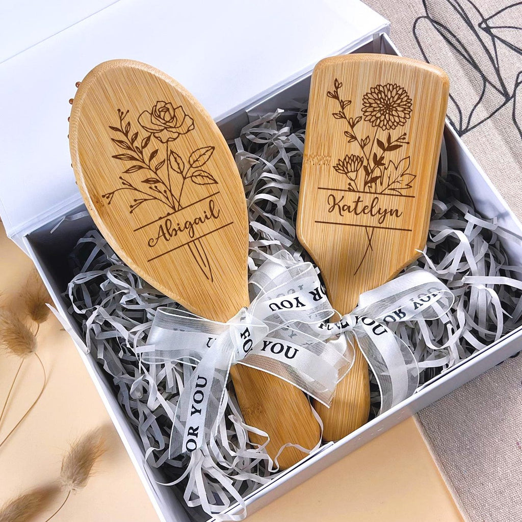 Custom Name Bamboo Hair Brush with Birth Flower: Bridesmaid Gift, Personalized Wooden Comb, Perfect Birthday or Mother's Day Gift for Mom, Daughter, or Friend