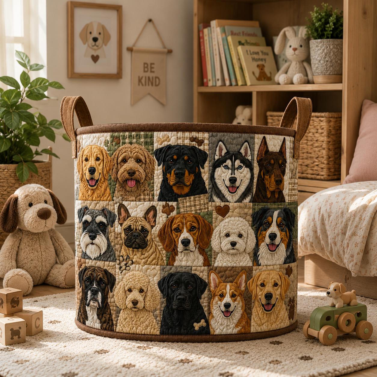 Dog Lover Quilted Fabric Storage Basket, Cute Puppy Laundry Hamper, Pet Lover Nursery Organizer Bin, Cozy Home Decor Gift