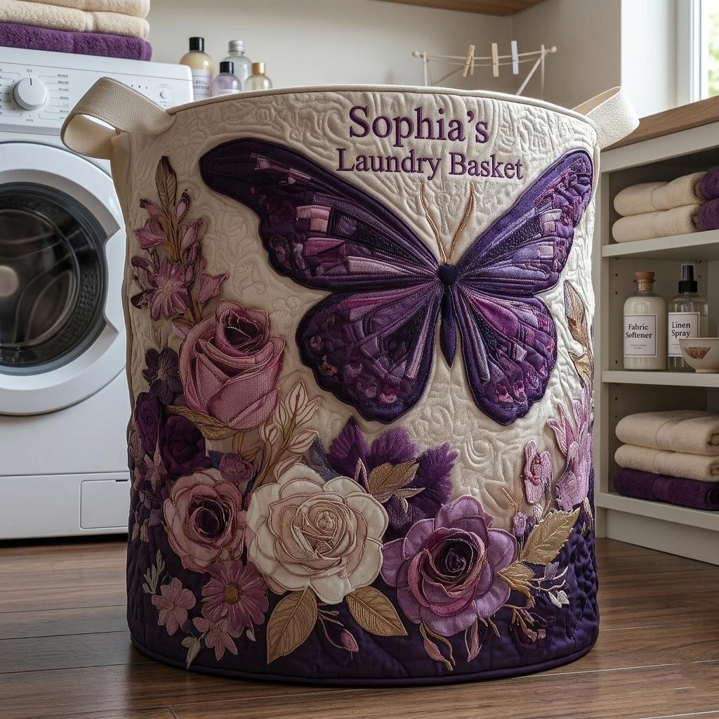 Personalized Floral Butterfly Quilted Laundry Basket, Butterfly Room Decor, Butterfly Laundry Hamper, Butterfly Storage Bin, Gift for Mom