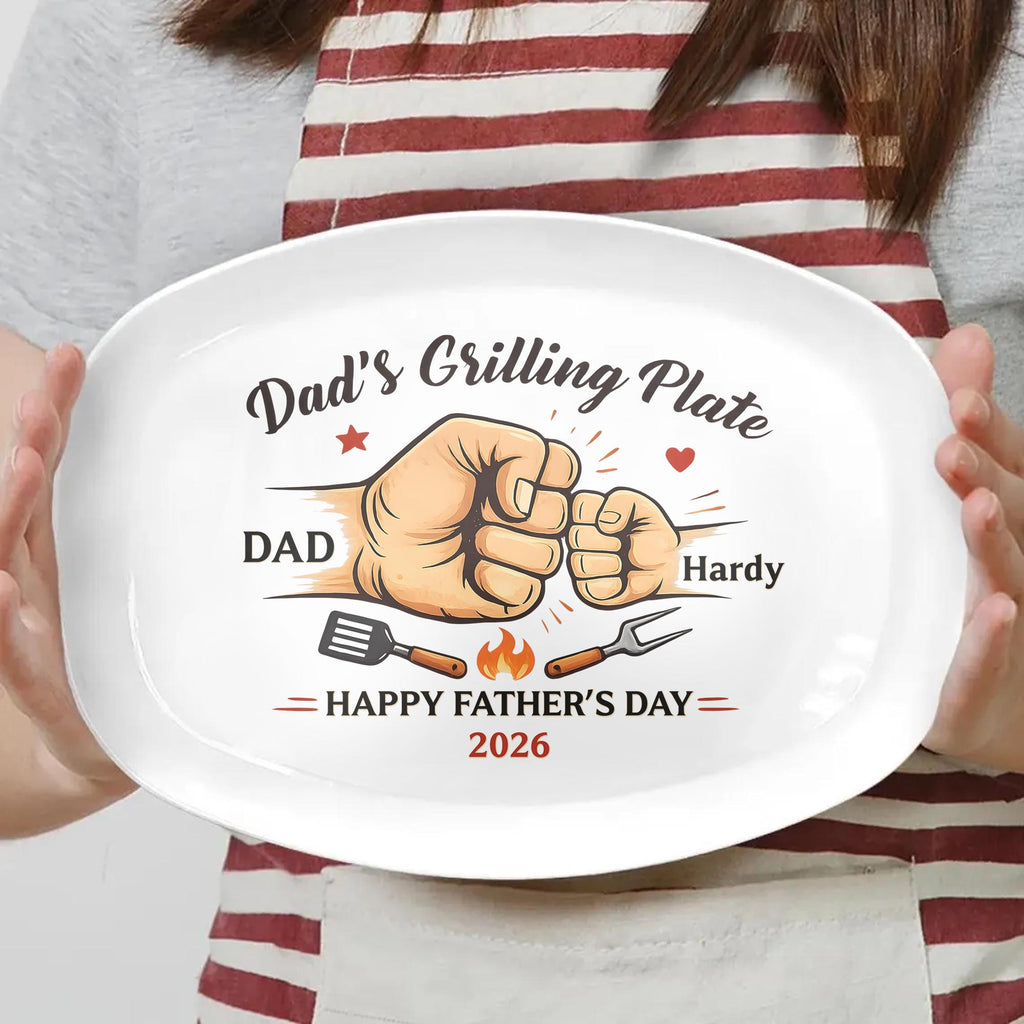 Custom Fist Bump Grilling Plate for Dad, Custom Name Platter, Funny Decor Platter for Papa, Father Day Gift