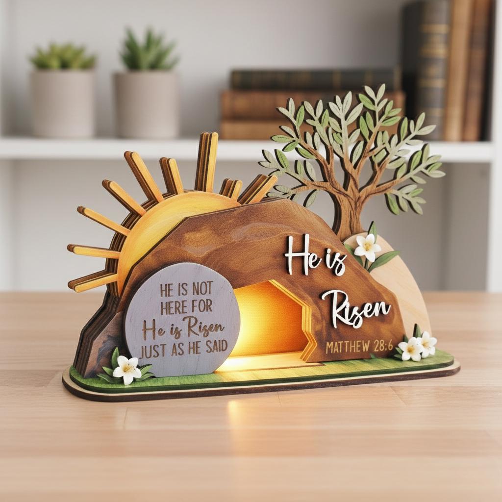 He is Risen Easte Wooden Block, Christian Resurrection Table Sign, Religious Home Decor Gift, Empty Tomb Cross Wood Shelf