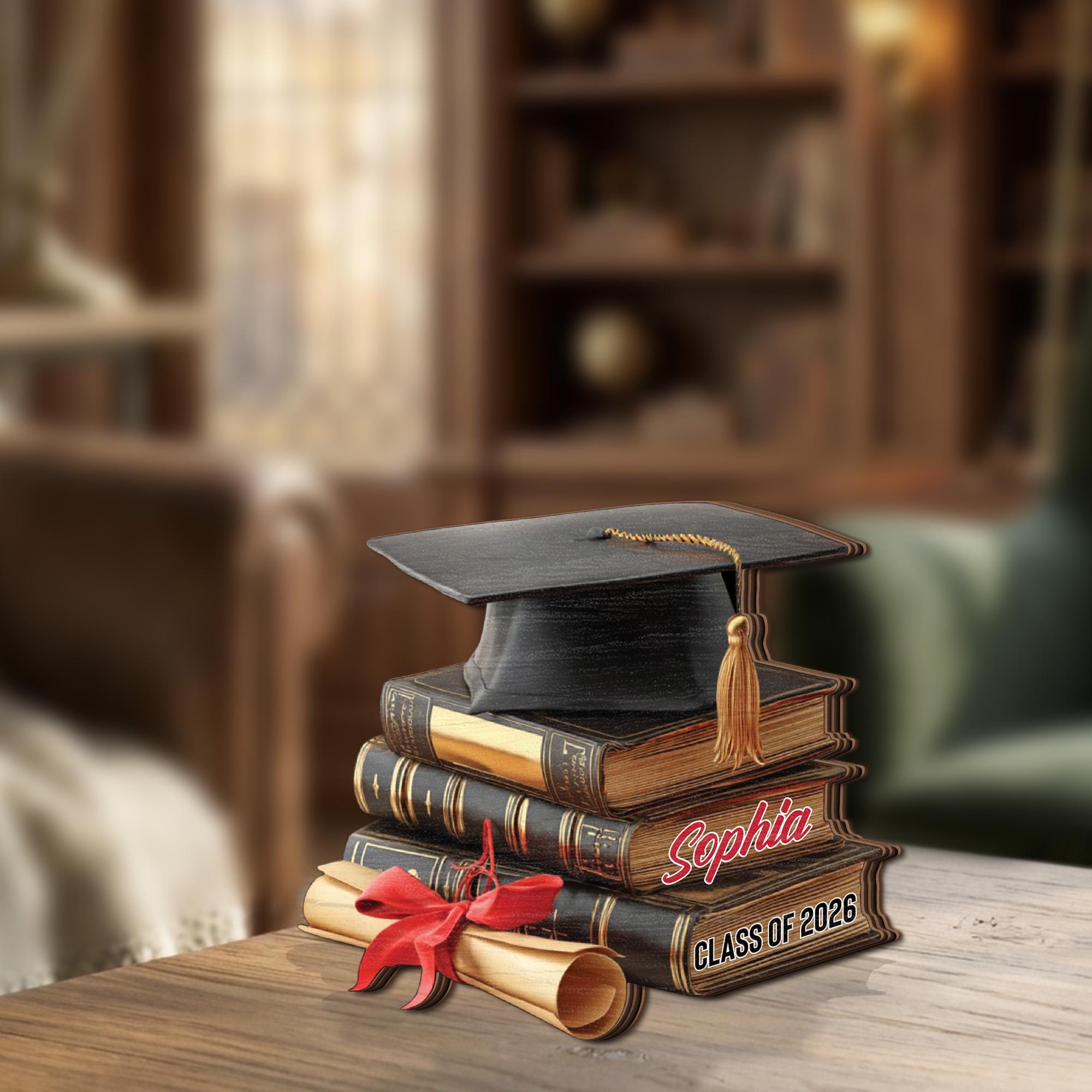 Class of 2026 Graduation Wooden Block Sign, Personalized Keepsake, Custom Name Graduate Decor, Cap and Books Design, Graduation Gift