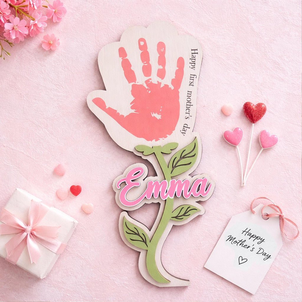 Personalized Handprint Flower Mothers Day Keepsake , Happy First Mothers Day Gift Kids Husband Engraved Wood Sign, Handprint Sign Mother