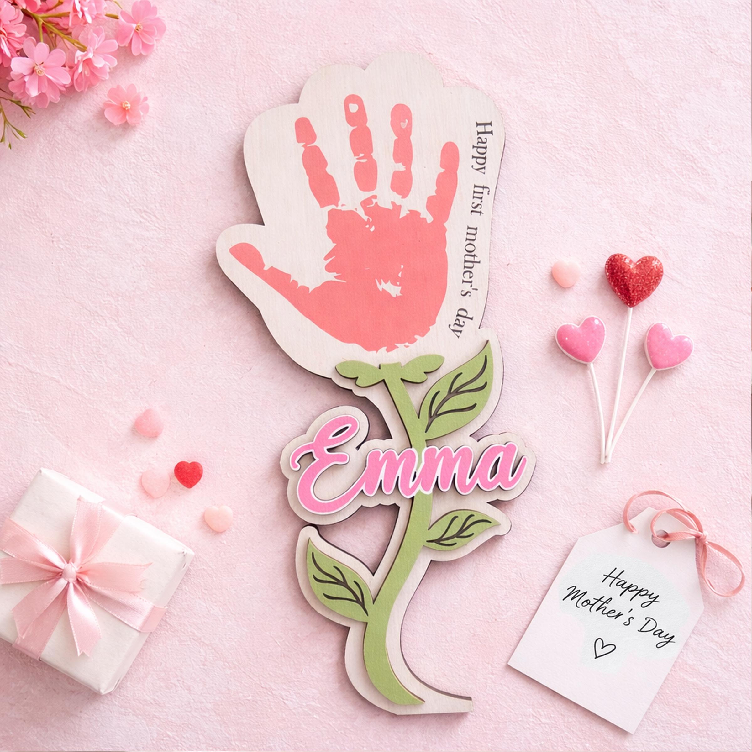 Personalized Handprint Flower Mothers Day Keepsake , Happy First Mothers Day Gift Kids Husband Engraved Wood Sign, Handprint Sign Mother