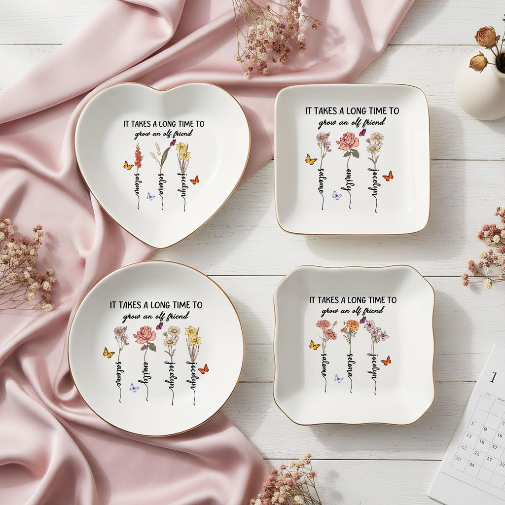 Personalized Birth Flower Jewelry Dish,it Takes A Long Time to Grow an Old Friend,best Friend Gift, Birthday Gift for Bestie,friendship Gift