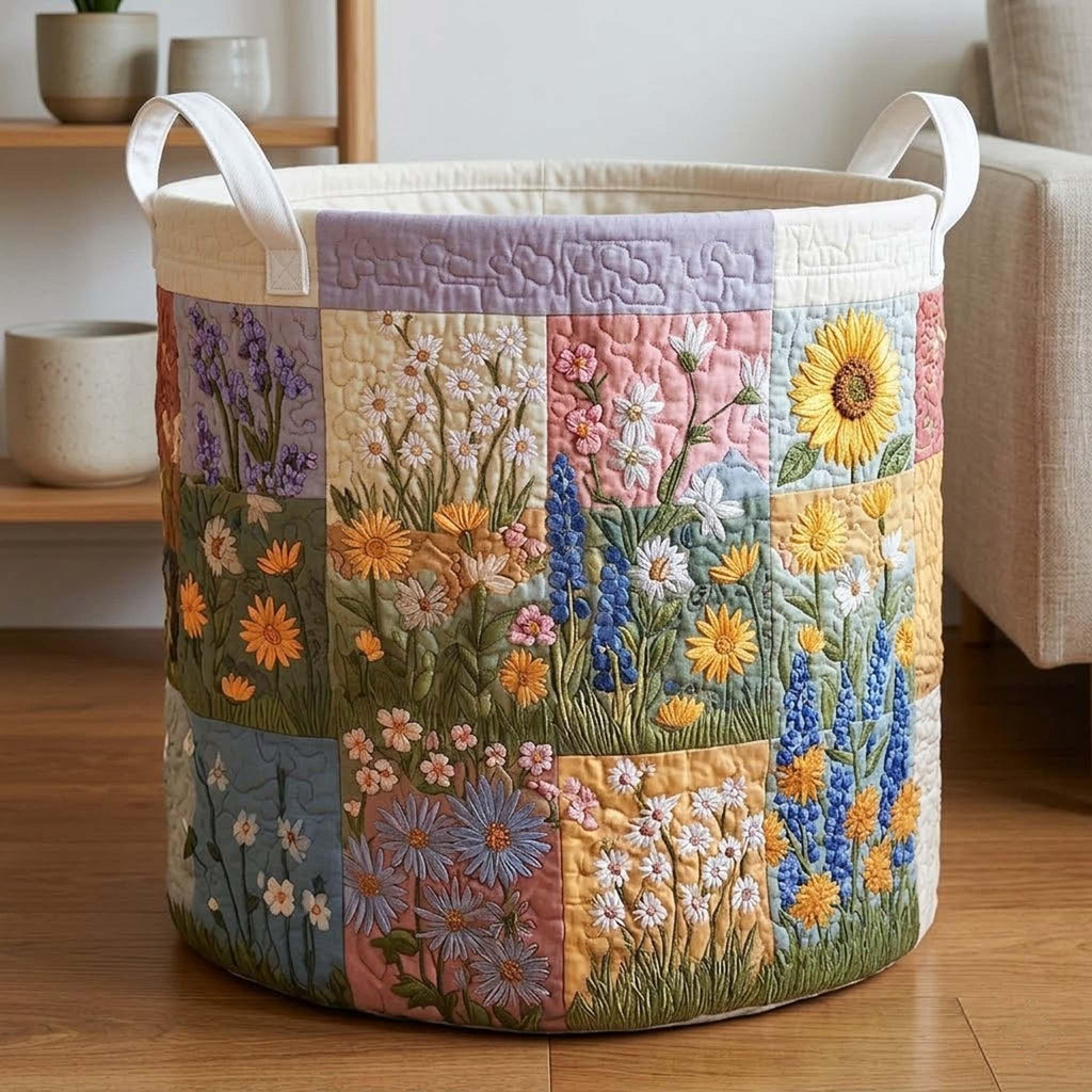 Wild Floral Patchwork Quilted Laundry Basket_ Flowers Hamper, Family Storage Bin