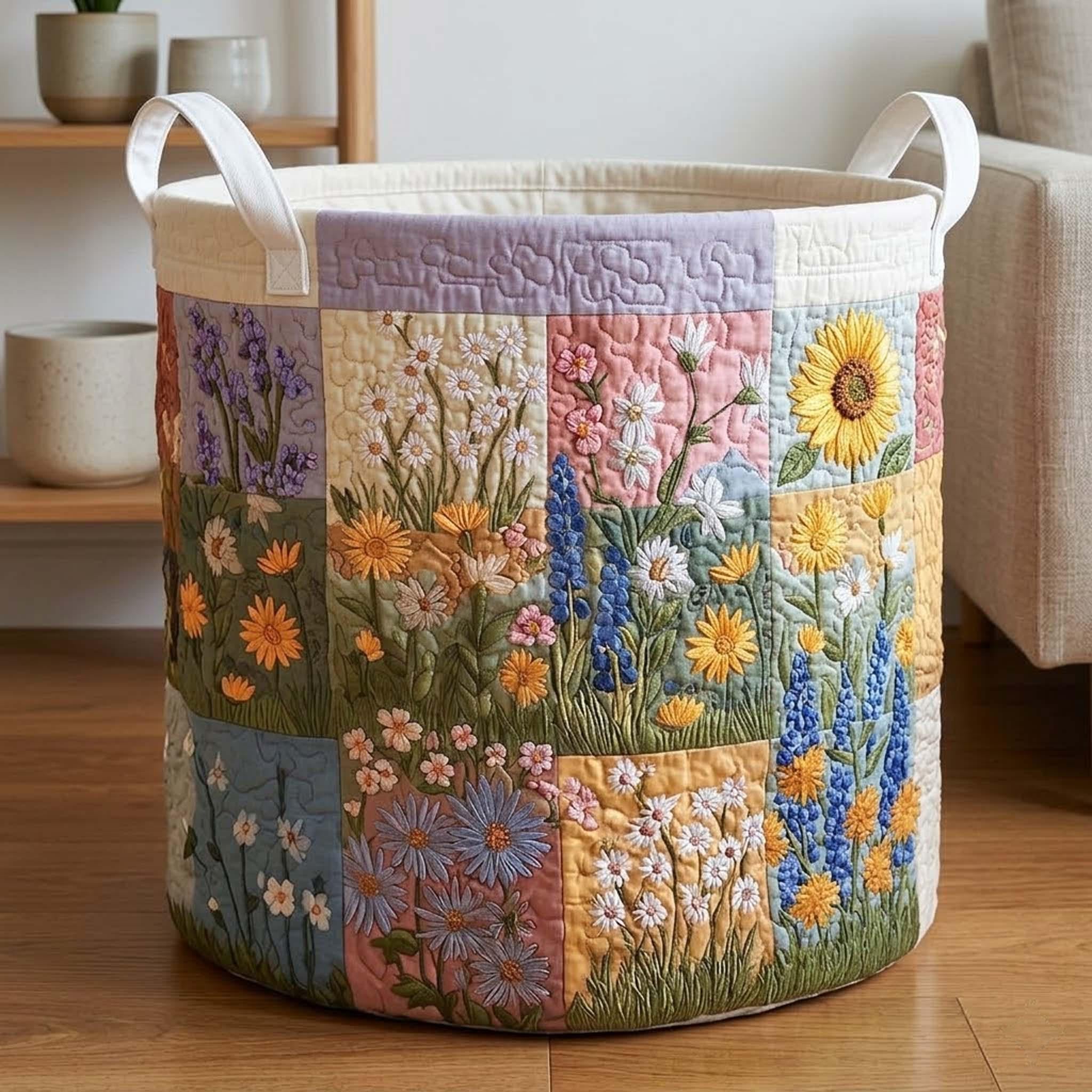 Wild Floral Patchwork Quilted Laundry Basket_ Flowers Hamper, Family Storage Bin