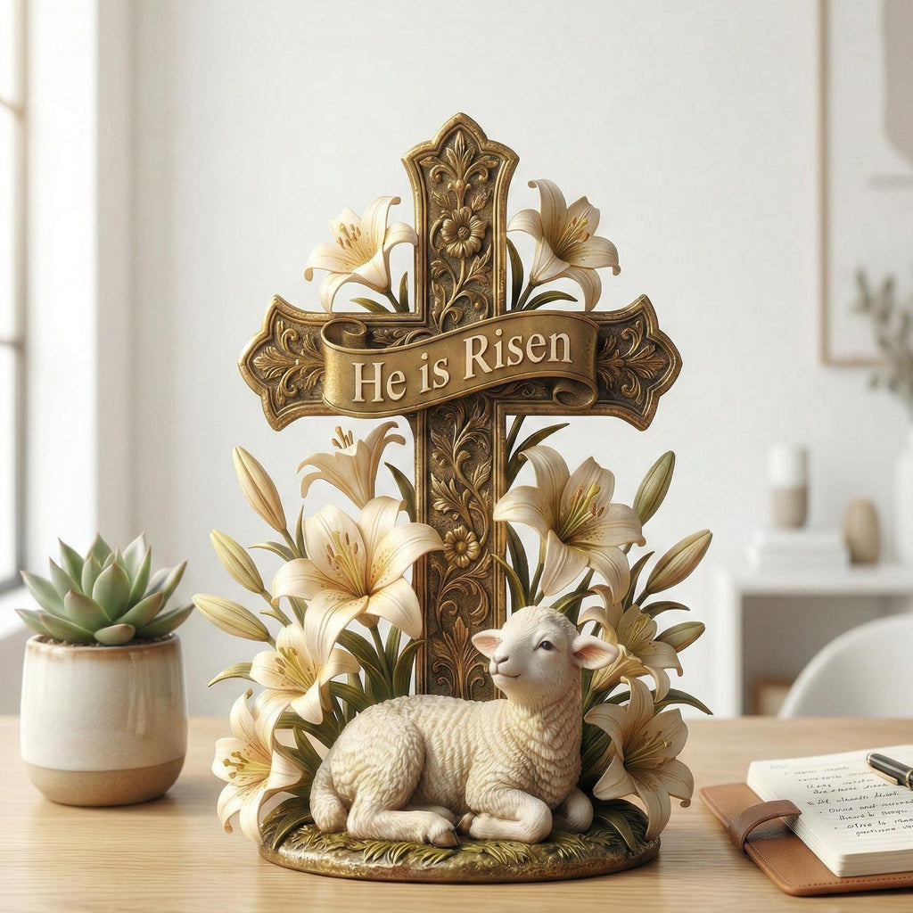 He is Risen Easter Cross Statue With Lamb & Lily, Resurrection Scene Christian Figurine, Easter Home Decor, Pastor Appreciation Gift.