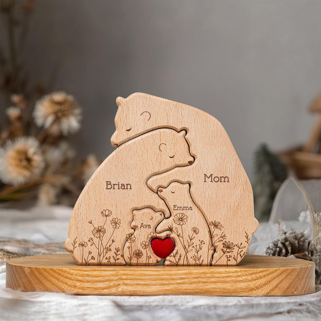 Hugging Bear Family Floral Version, Personalized Wooden Bear Family Puzzle, Wooden Animal Carvings, Family Home Decor, Personalized Wooden Family Puzzle, Custom Engraved Wood Family Gift