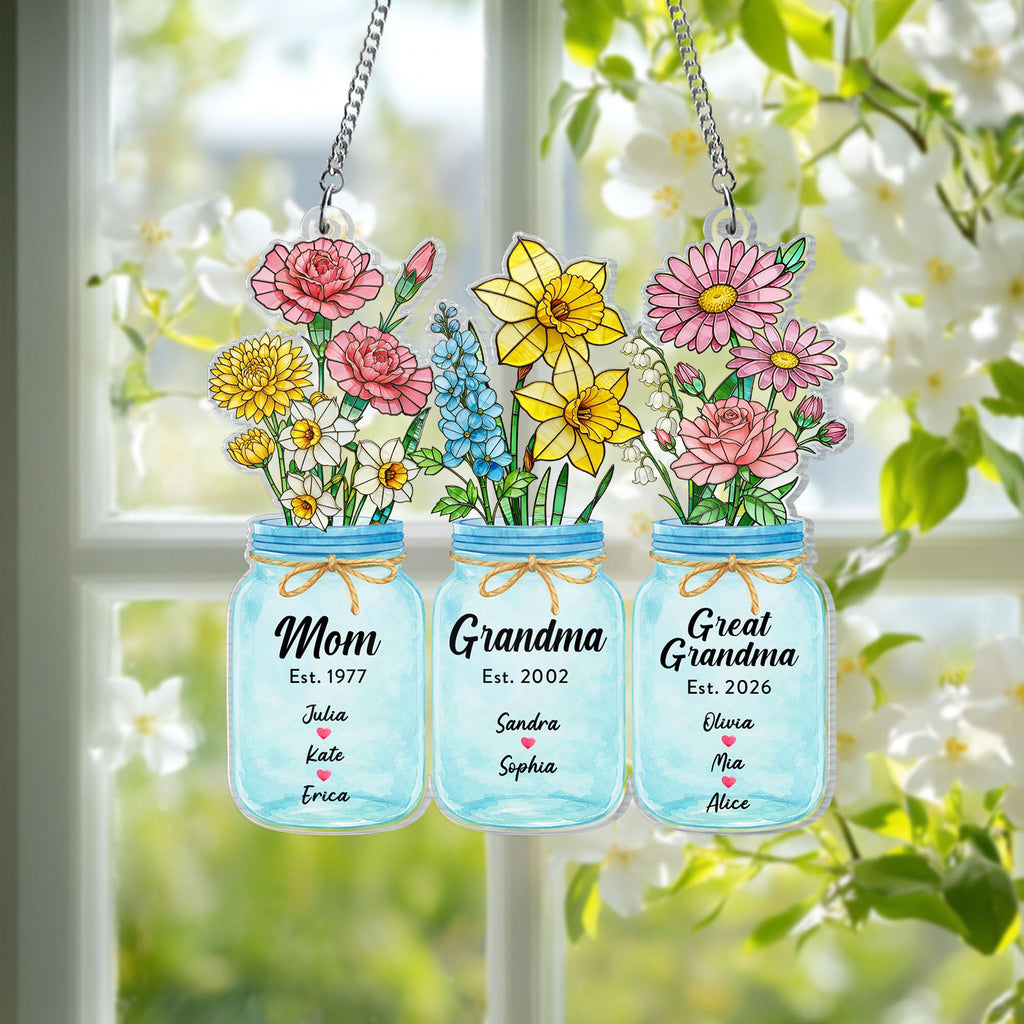 Birth Flower Suncatcher Window Decor, Custom Great Grandma's Garden Suncatcher, Mother's Day Gift, Grammy Present, Grandma Gift, Mom Gift