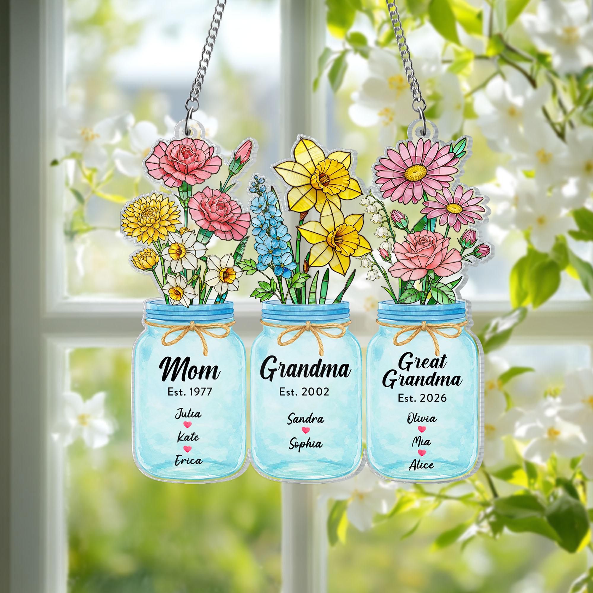 Birth Flower Suncatcher Window Decor, Custom Great Grandma's Garden Suncatcher, Mother's Day Gift, Grammy Present, Grandma Gift, Mom Gift