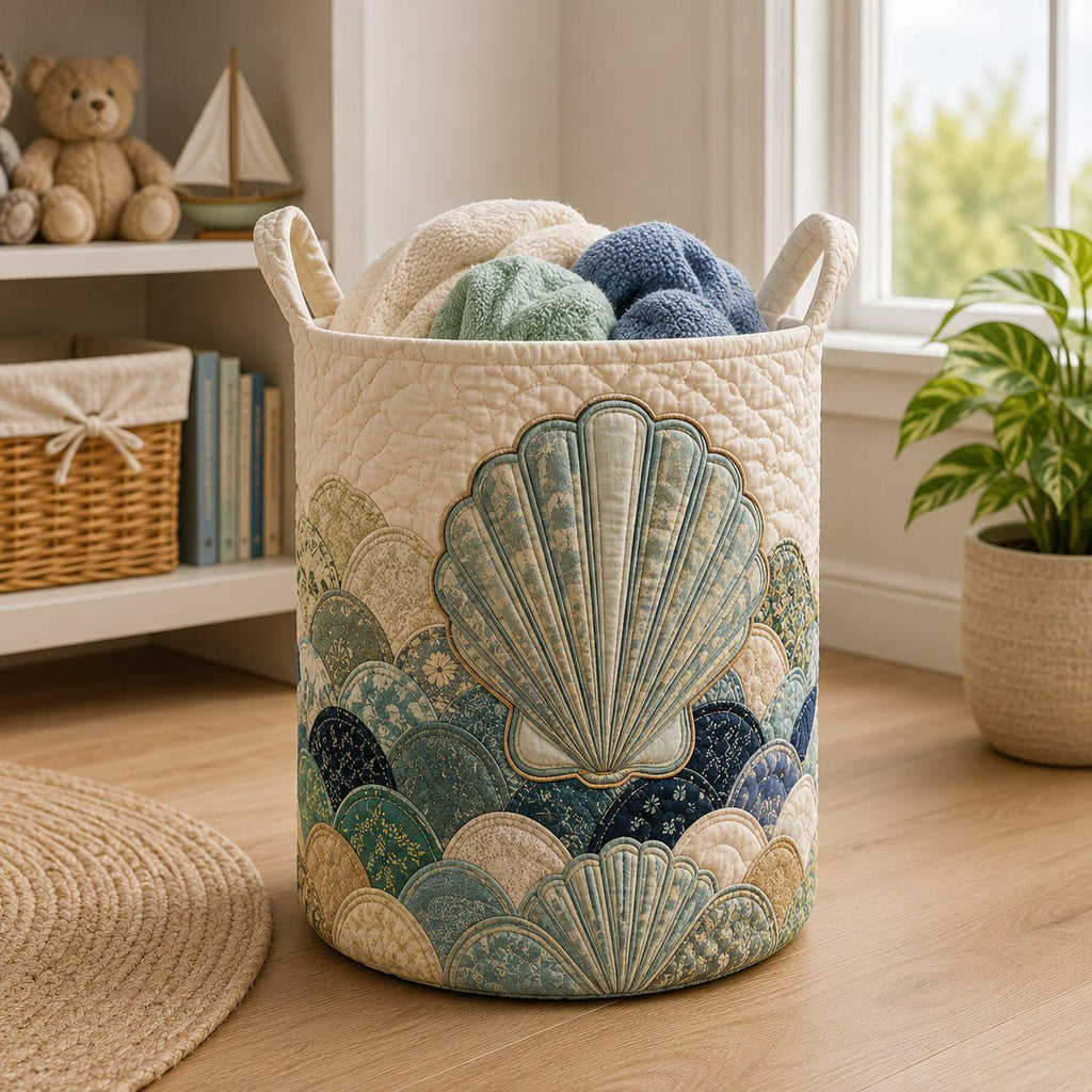 Coastal Seashell Quilted Laundry Basket, Beach House Hamper, Ocean Inspired Storage Bin, Nautical Room Decor