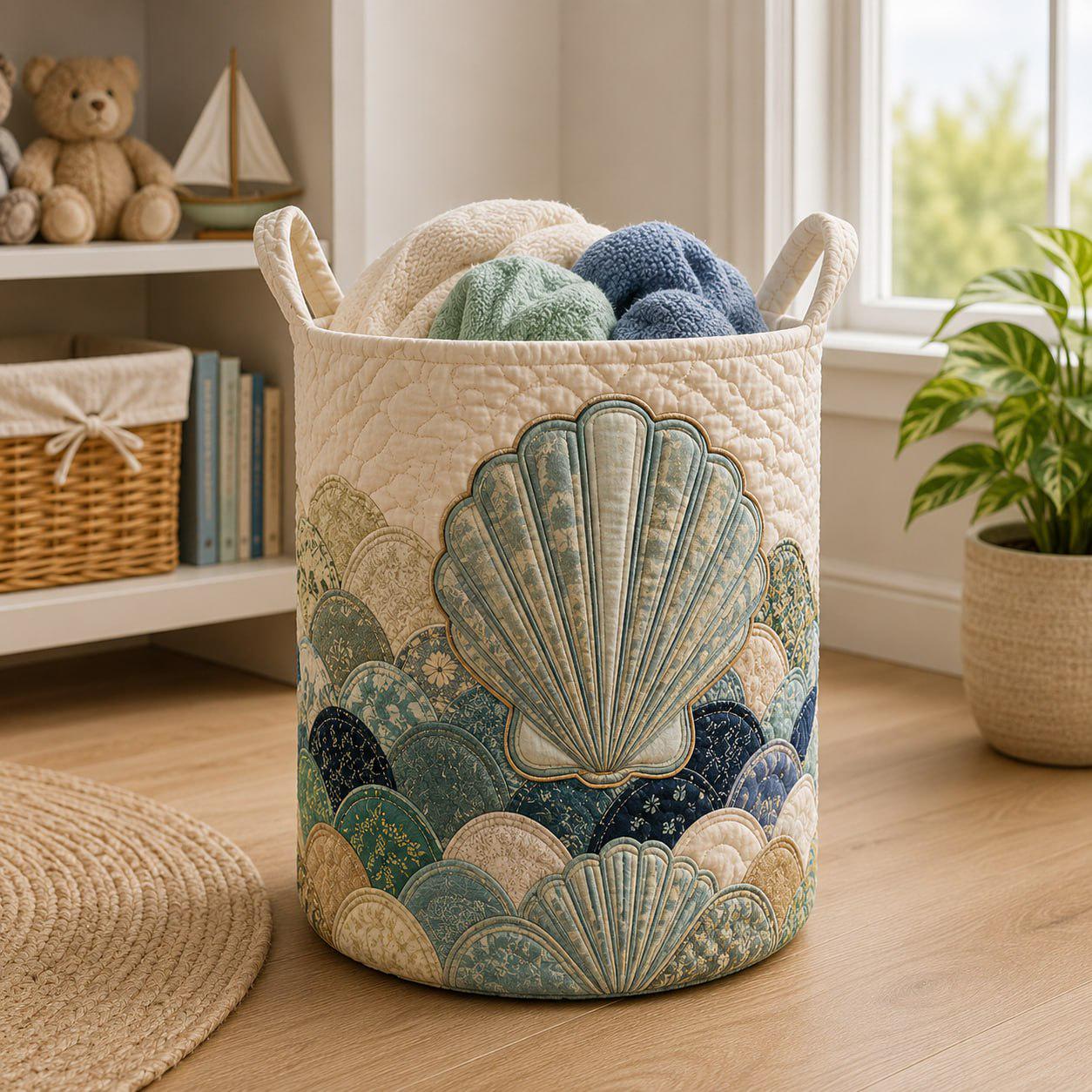 Coastal Seashell Quilted Laundry Basket, Beach House Hamper, Ocean Inspired Storage Bin, Nautical Room Decor