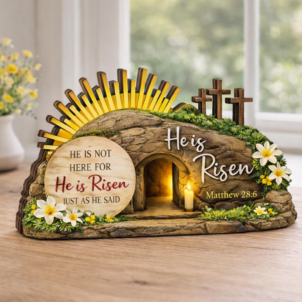 He is Risen Wooden Block Decor, Empty Tomb Easter Sign With Crosses, Matthew 28_6 Christian Tabletop, Resurrection Home Gift