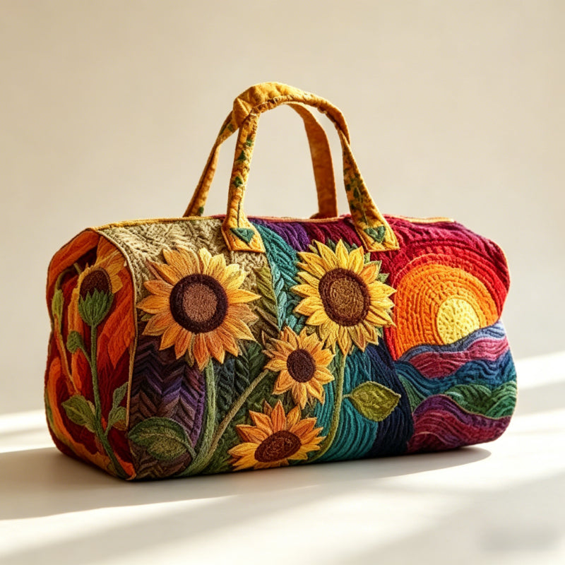 Women Van Sunflower Rainbow Quilted Look Duffle Bag, Large Capacity Travel Weekender Bag, Flat Printed Overnight Handbag