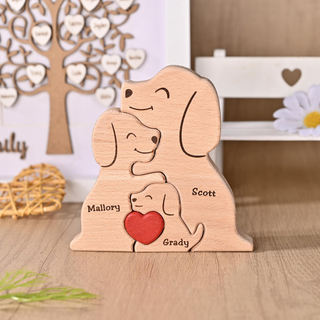 Personalized Wooden Dog Jigsaw Puzzle, Dog Family Figurines, Engraved Family Name Keepsake, Gift for Dog Lovers, Christmas Gift for Dog Mom