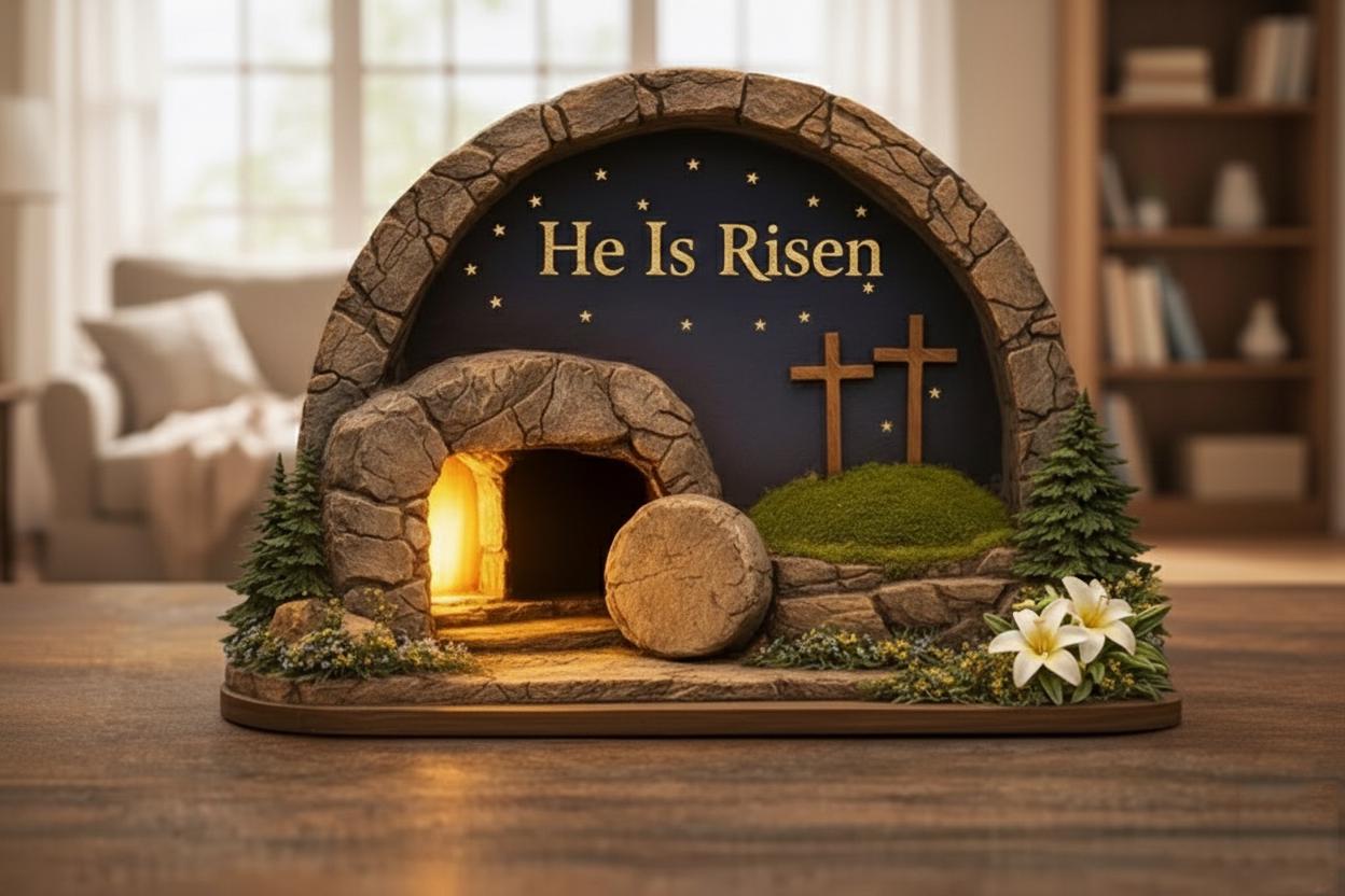 Easter Wooden Block, Empty Tomb Resurrection Scene, He Is Risen Christian Decor, Meaningful Church Gift for Pastor Appreciation and Ministry